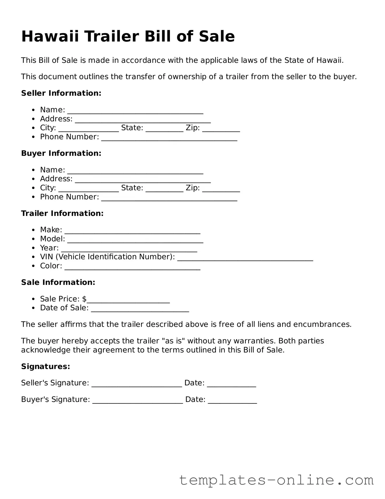 Valid  Trailer Bill of Sale Template for Hawaii
