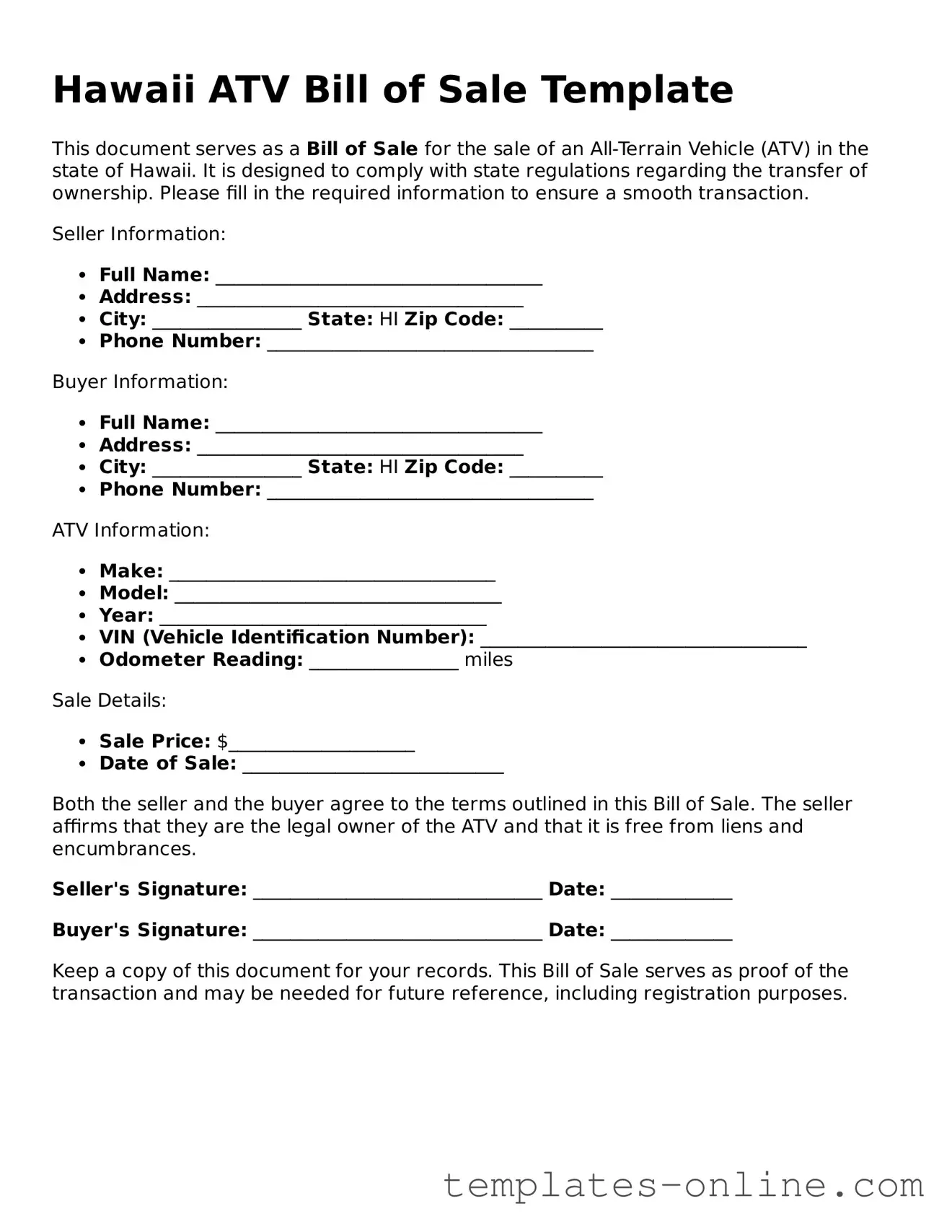 Valid  ATV Bill of Sale Template for Hawaii