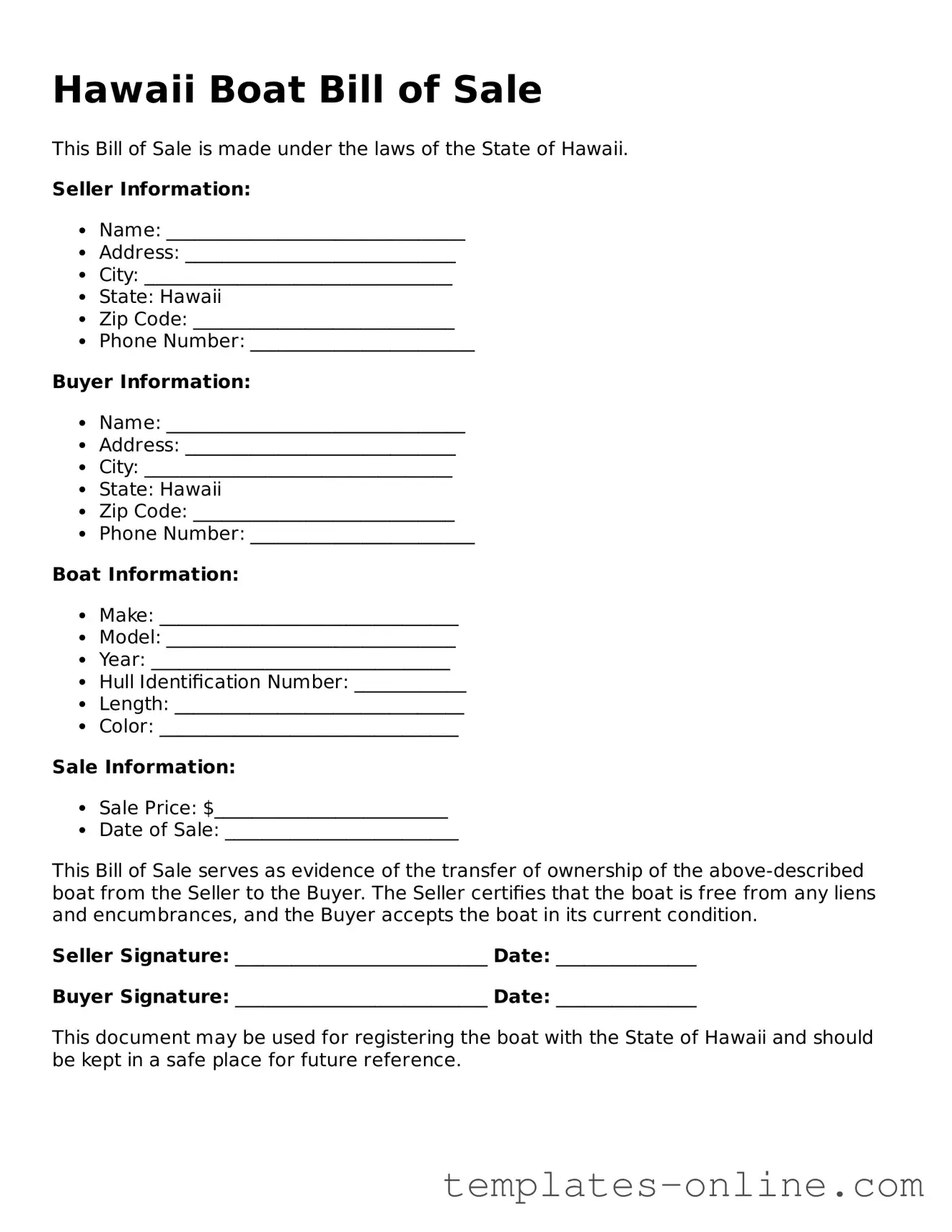 Valid  Boat Bill of Sale Template for Hawaii
