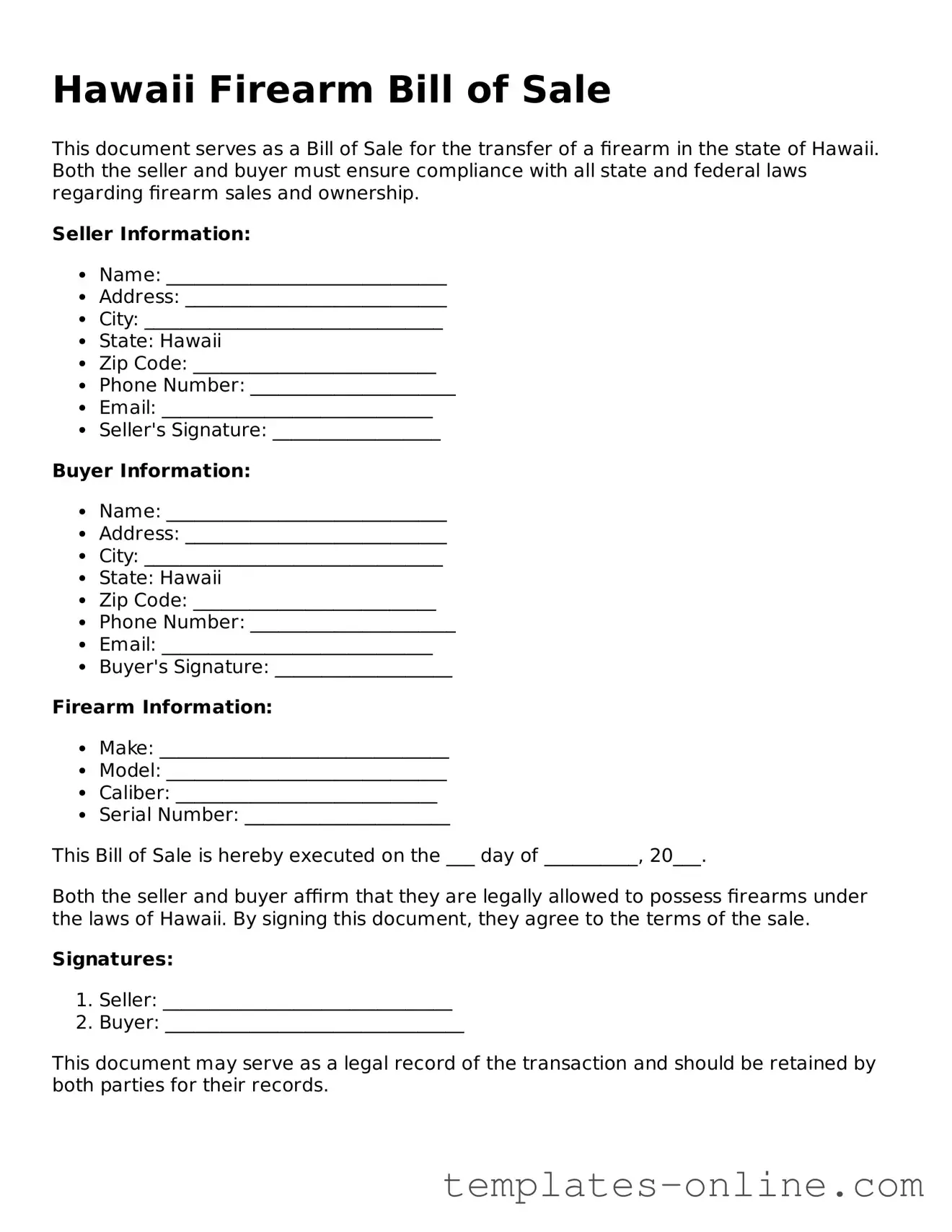 Valid  Firearm Bill of Sale Template for Hawaii