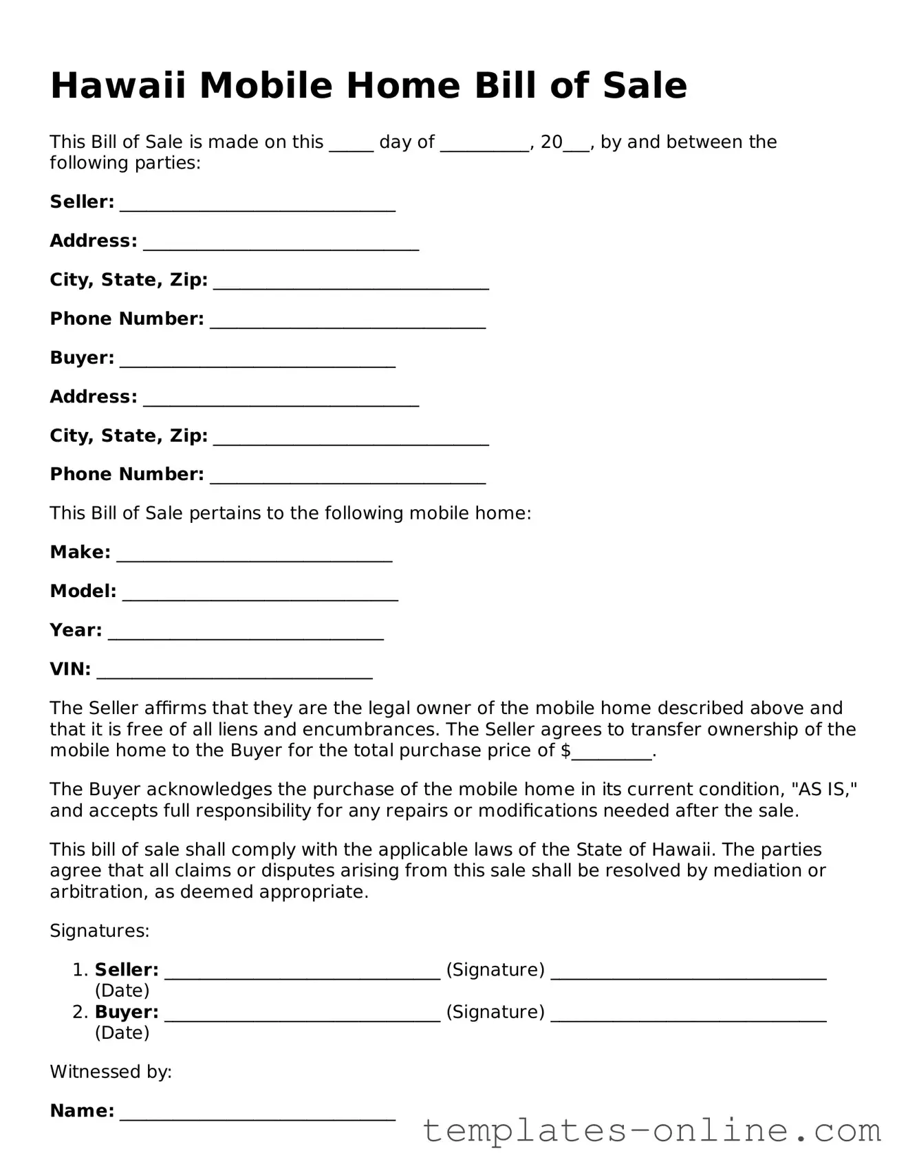 Valid  Mobile Home Bill of Sale Template for Hawaii