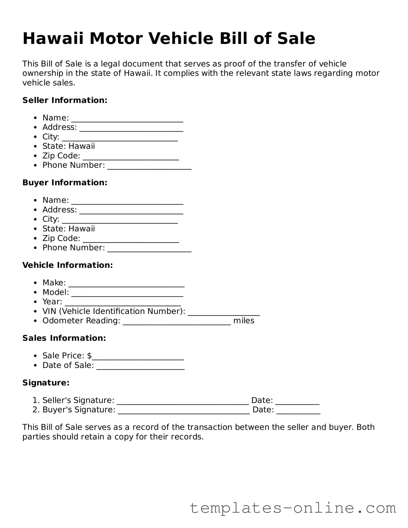 Valid  Motor Vehicle Bill of Sale Template for Hawaii