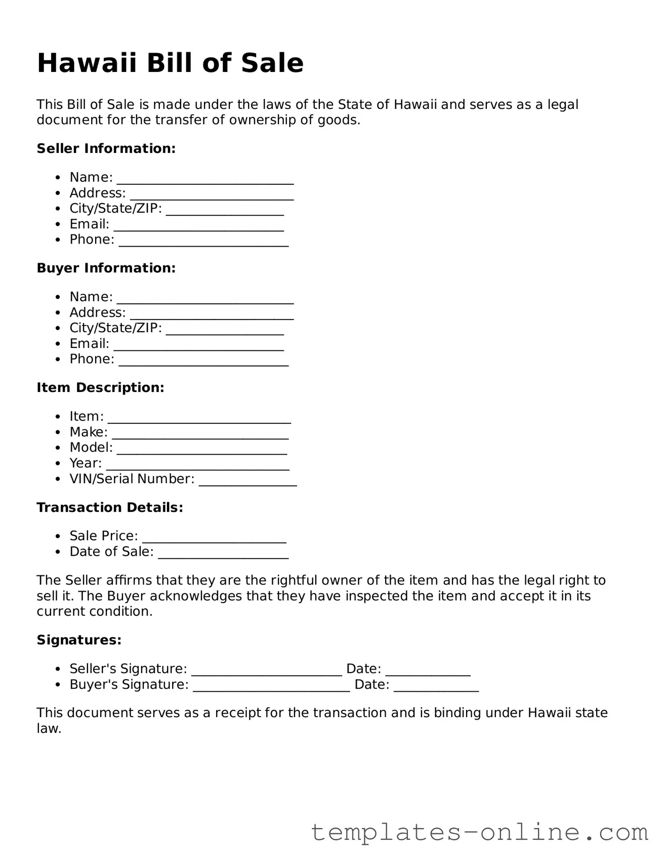 Valid  Bill of Sale Template for Hawaii