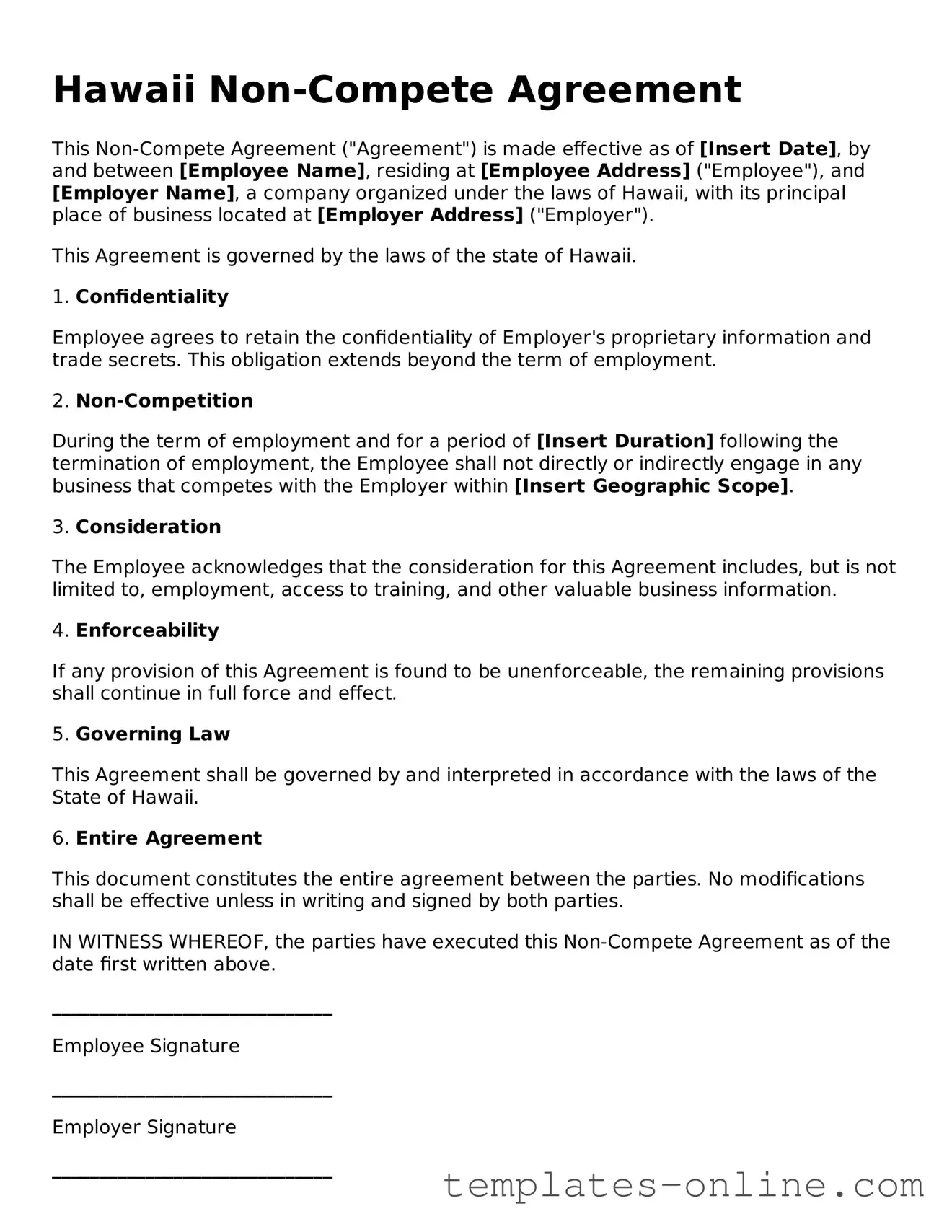 Valid  Non-compete Agreement Template for Hawaii