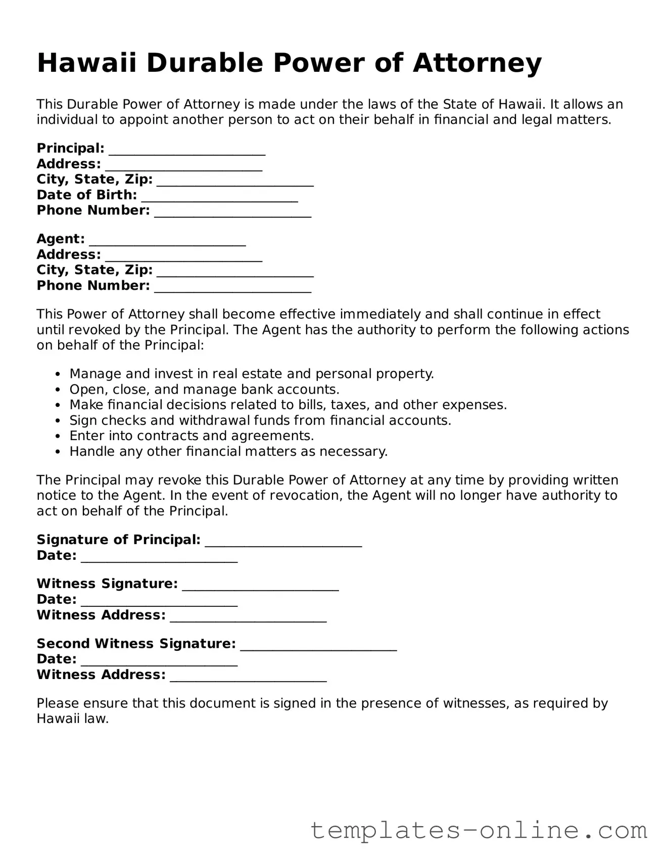 Valid  Durable Power of Attorney Template for Hawaii