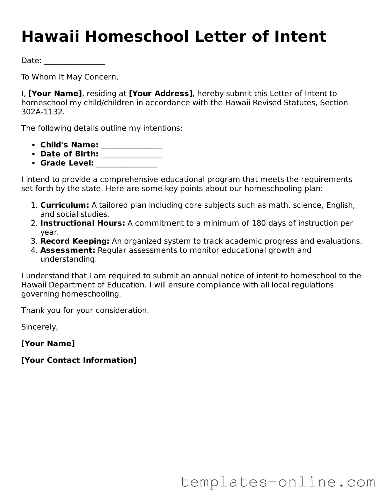 Valid  Homeschool Letter of Intent Template for Hawaii