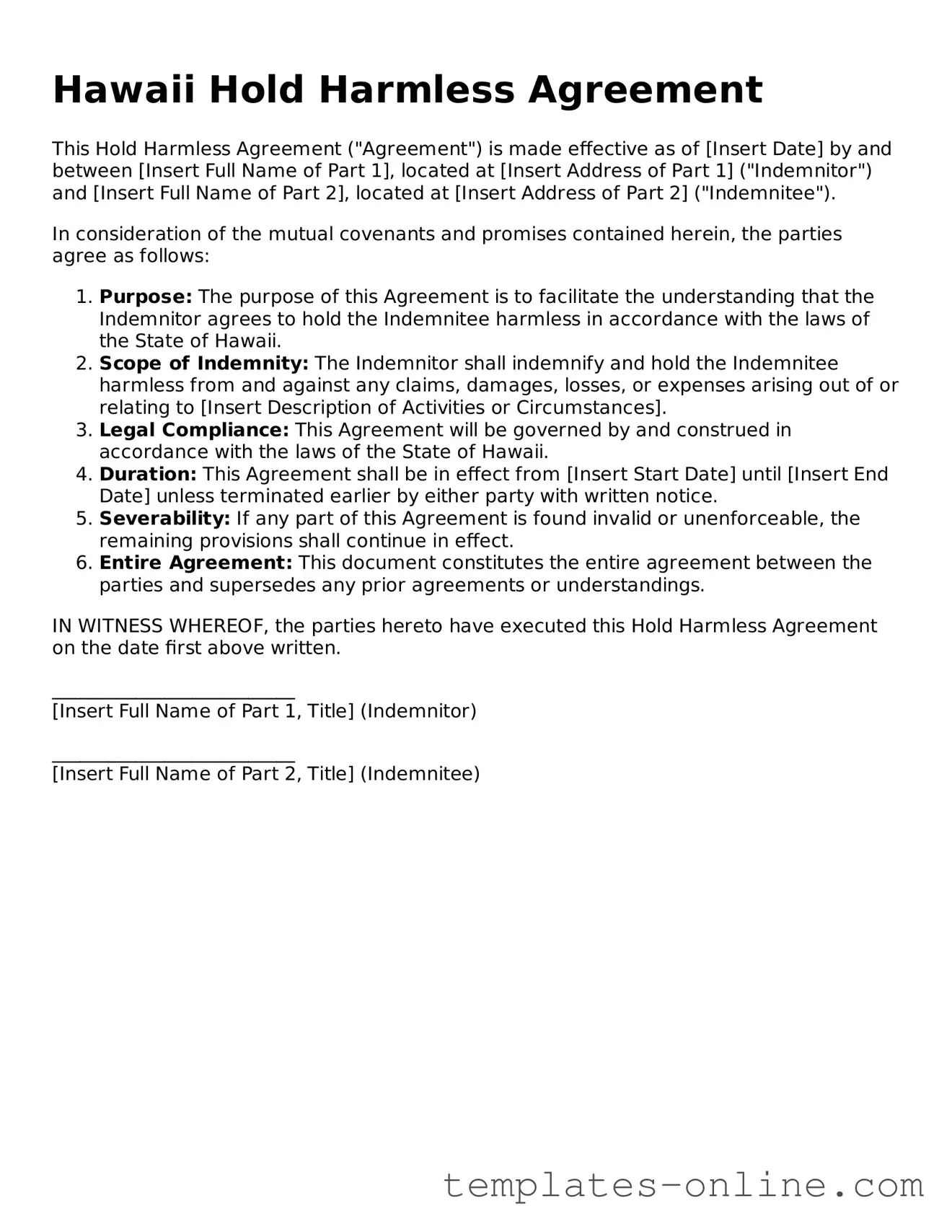 Valid  Hold Harmless Agreement Template for Hawaii