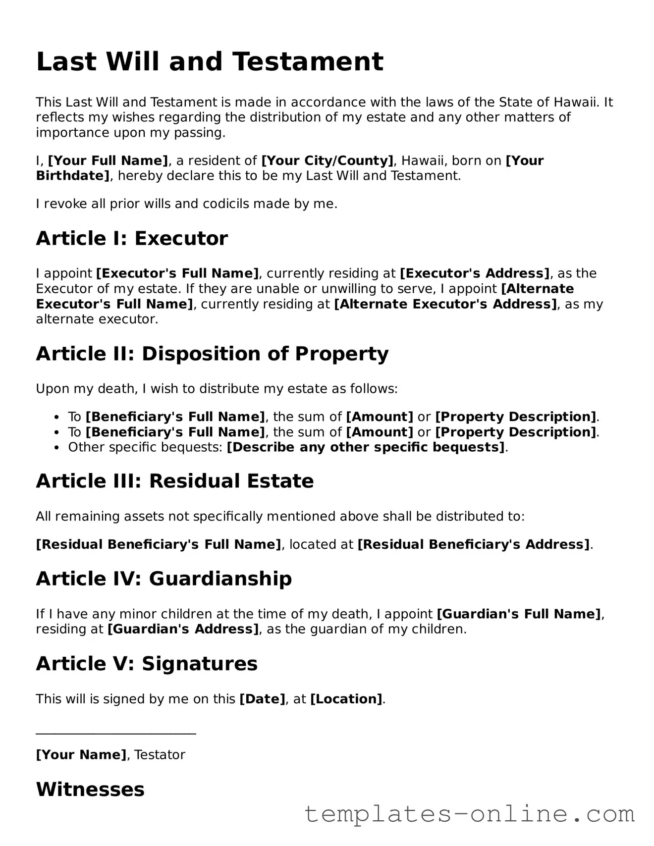 Valid  Last Will and Testament Template for Hawaii