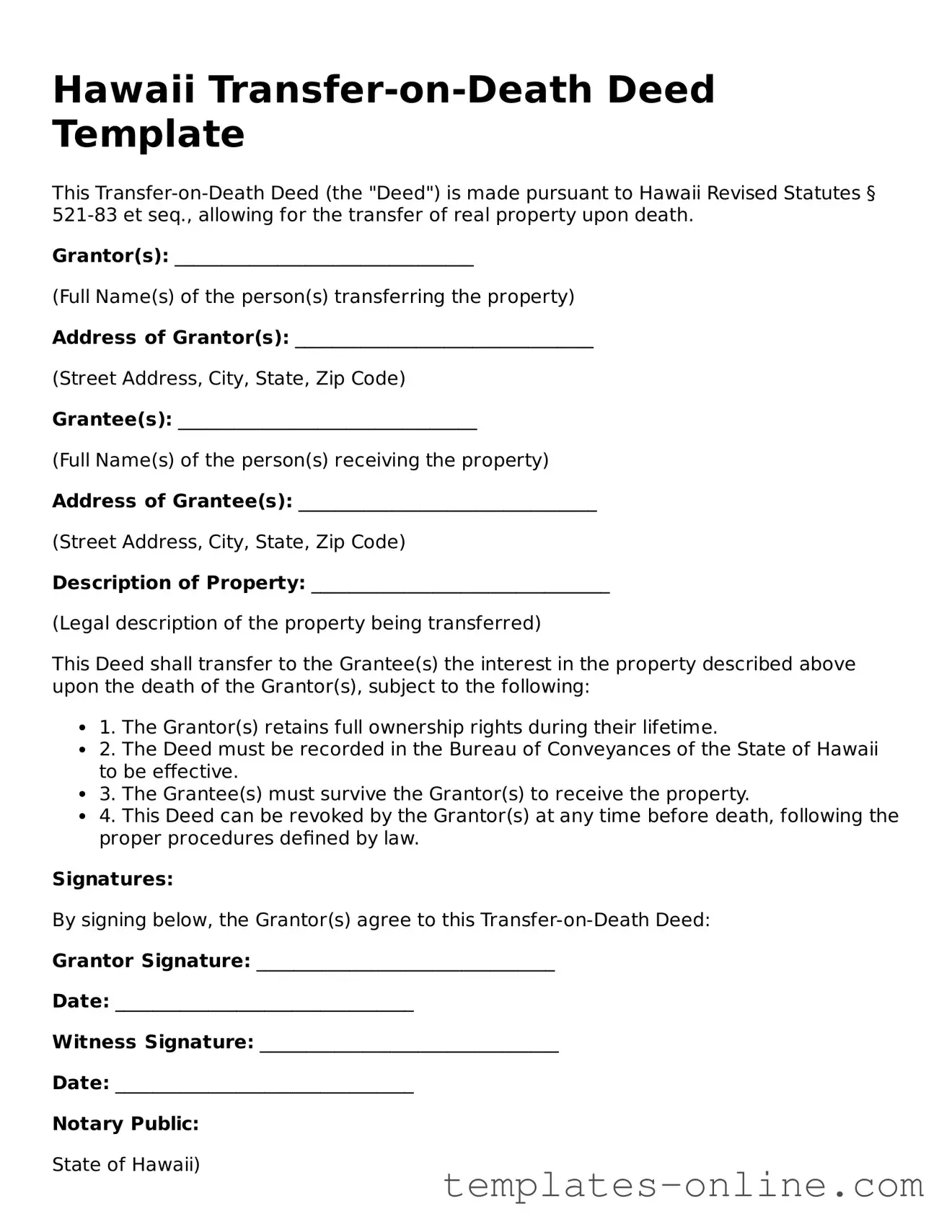 Valid  Transfer-on-Death Deed Template for Hawaii