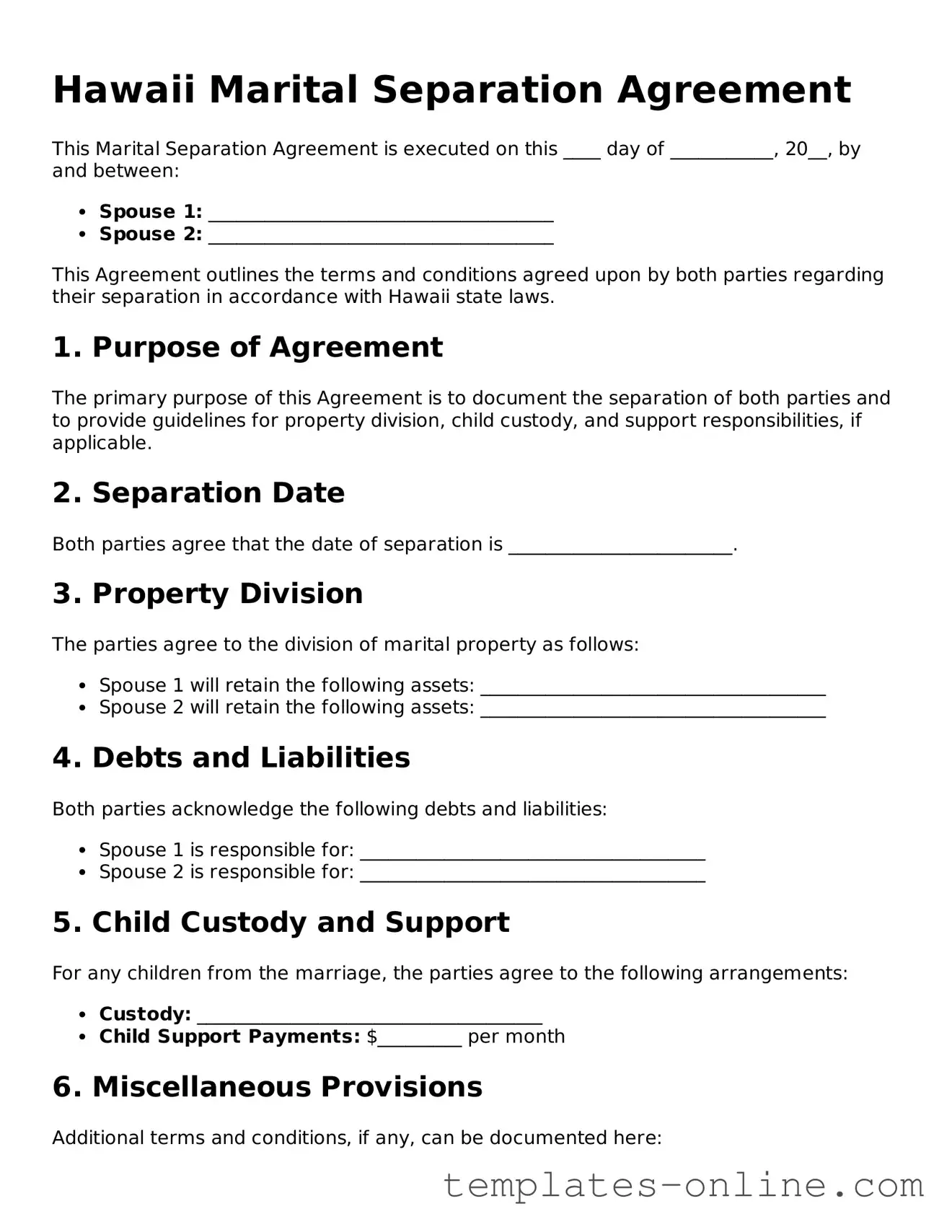Valid  Marital Separation Agreement Template for Hawaii