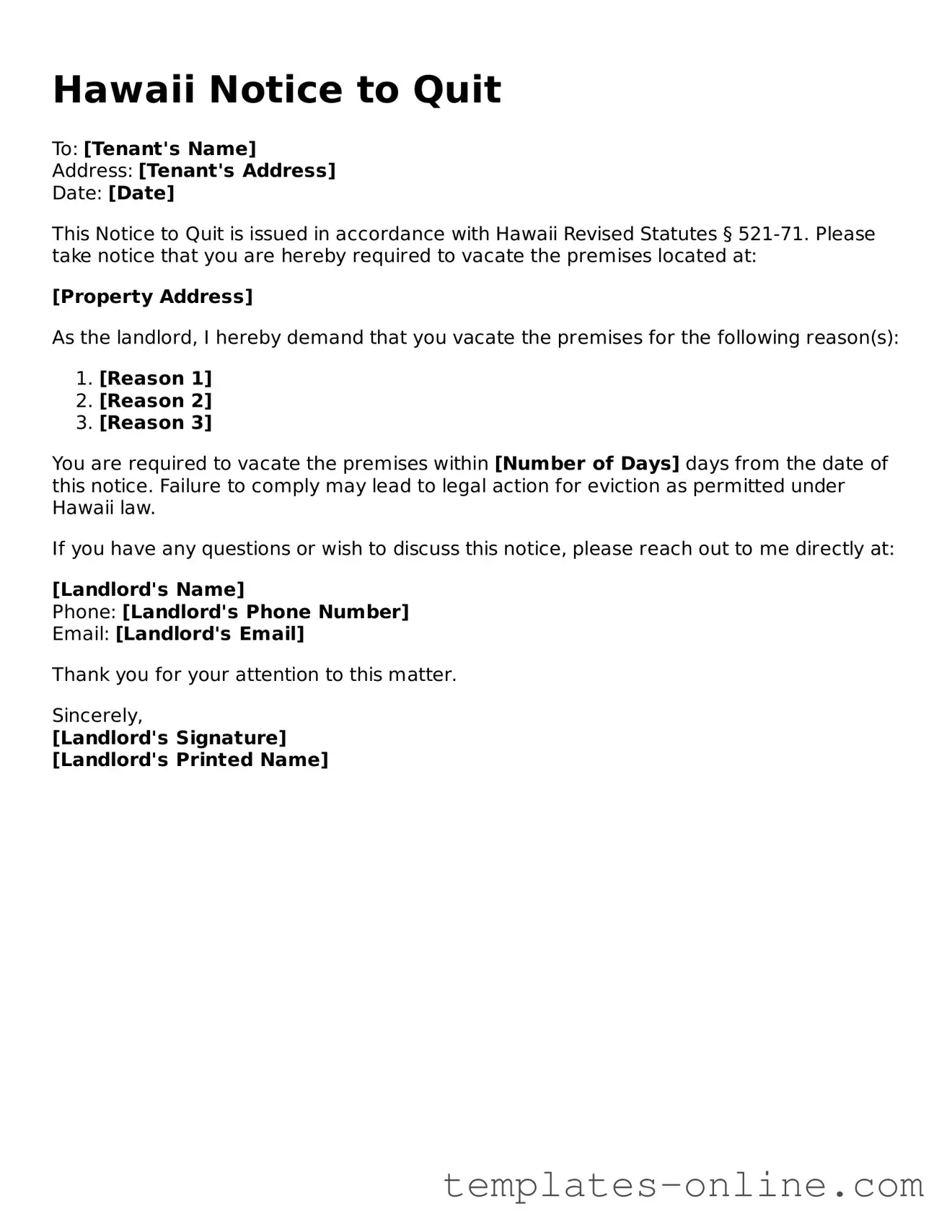 Valid  Notice to Quit Template for Hawaii
