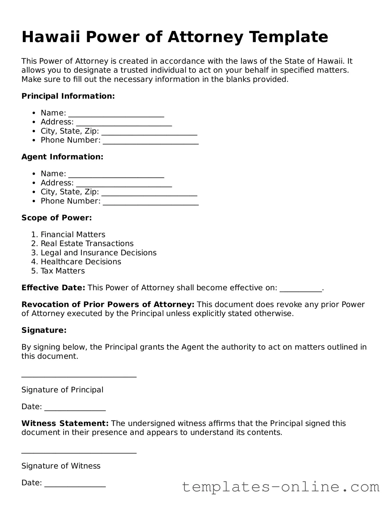 Valid  Power of Attorney Template for Hawaii