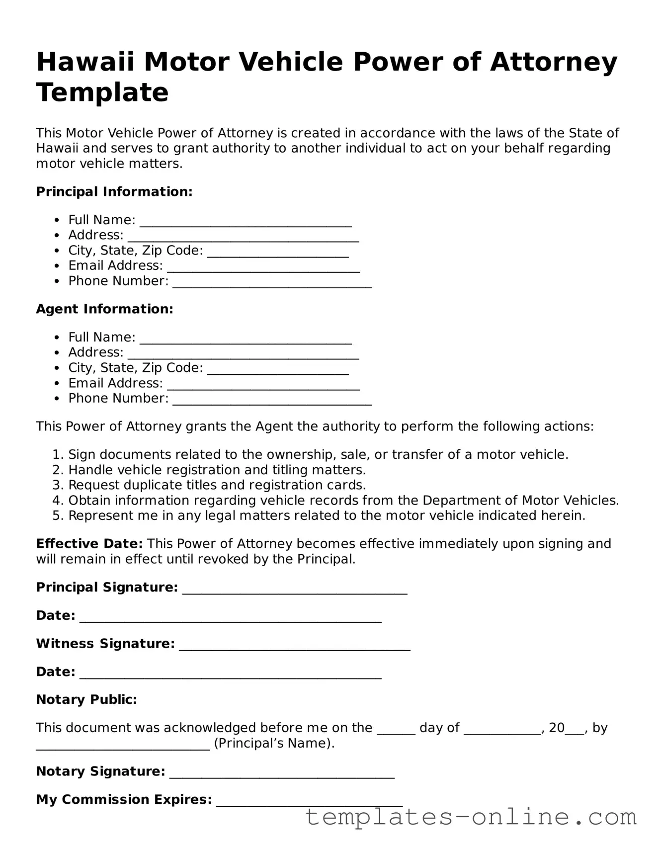 Valid  Motor Vehicle Power of Attorney Template for Hawaii