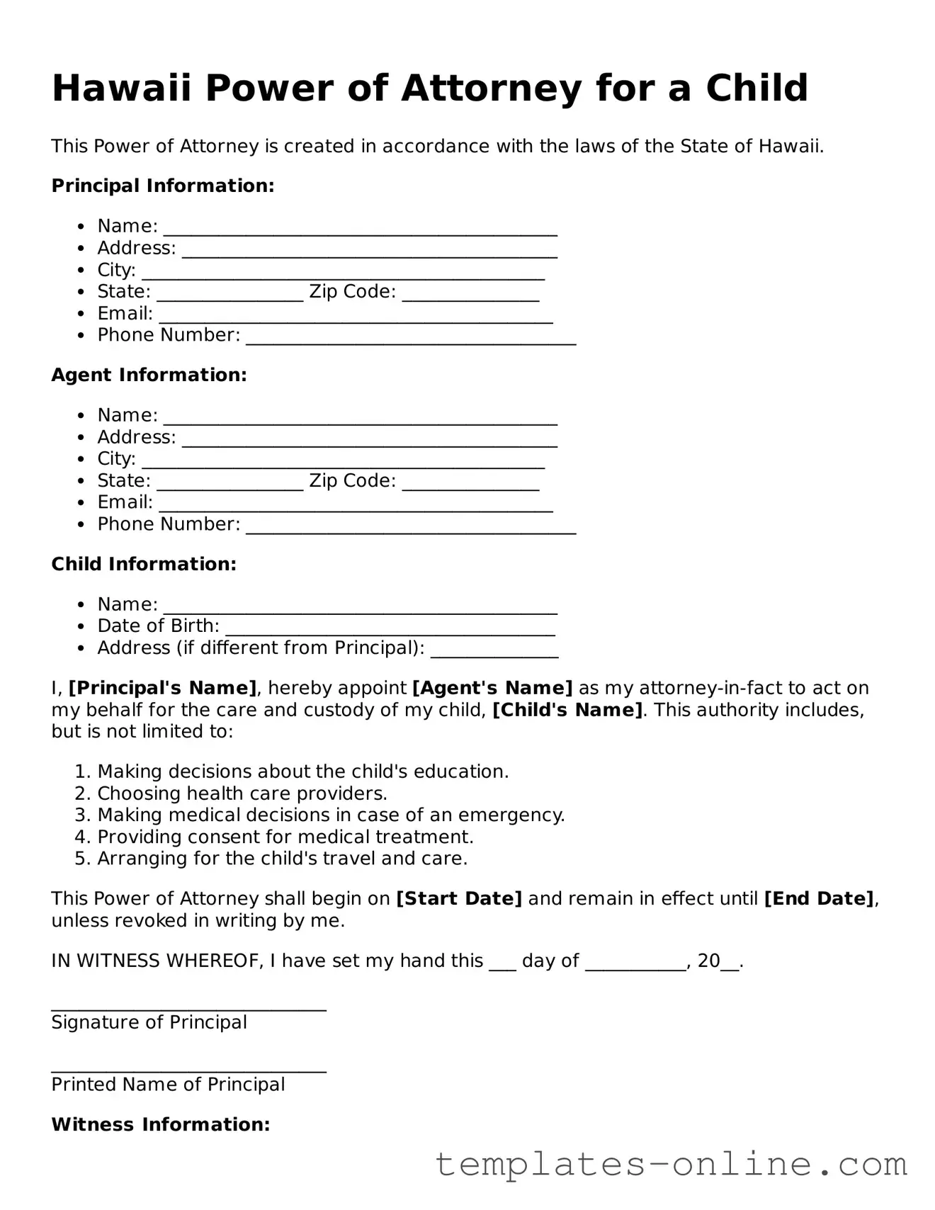 Valid  Power of Attorney for a Child Template for Hawaii