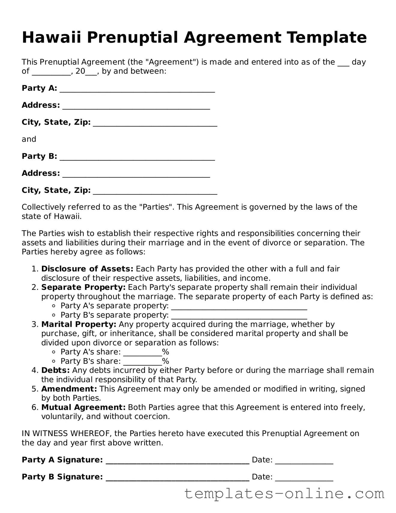 Valid  Prenuptial Agreement Template for Hawaii