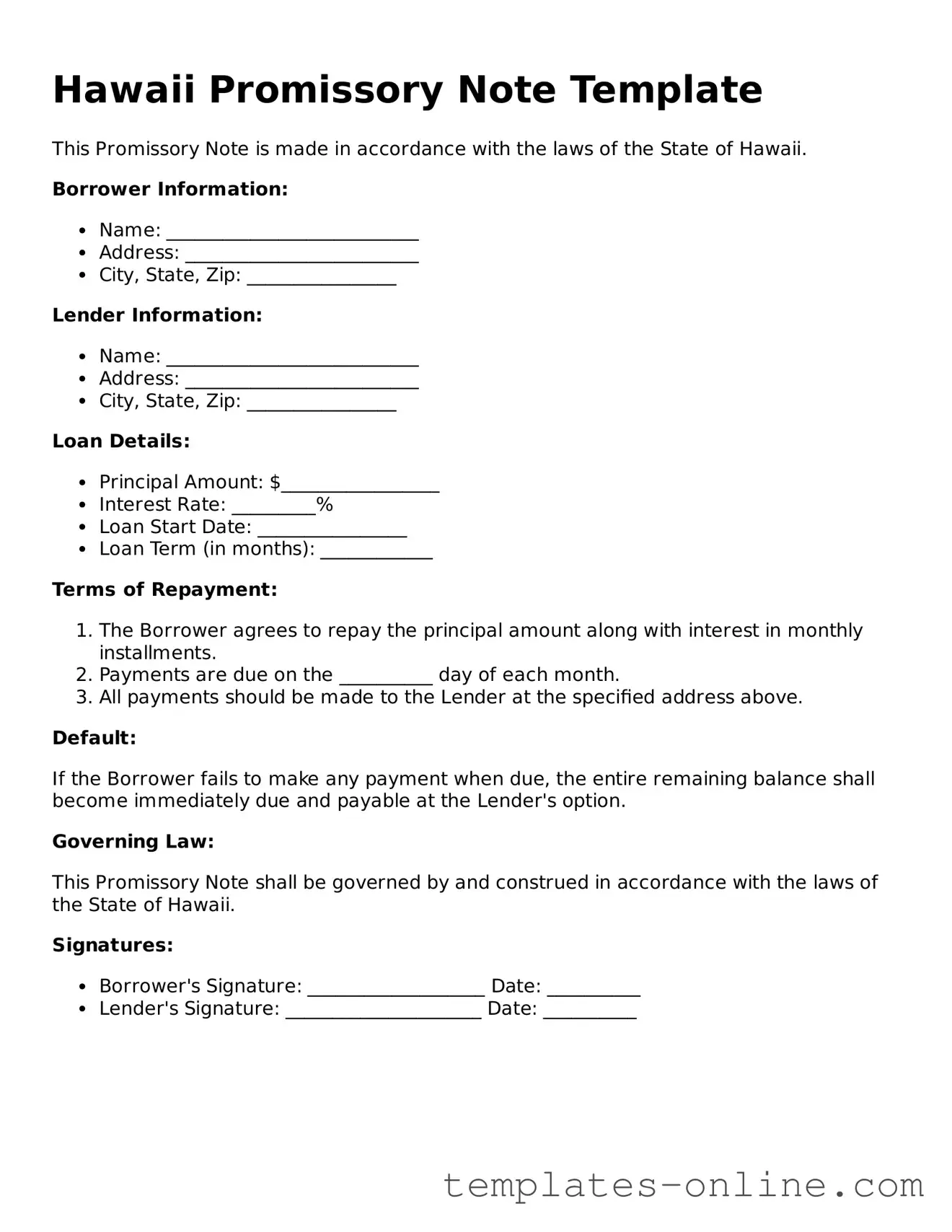 Valid  Promissory Note Template for Hawaii