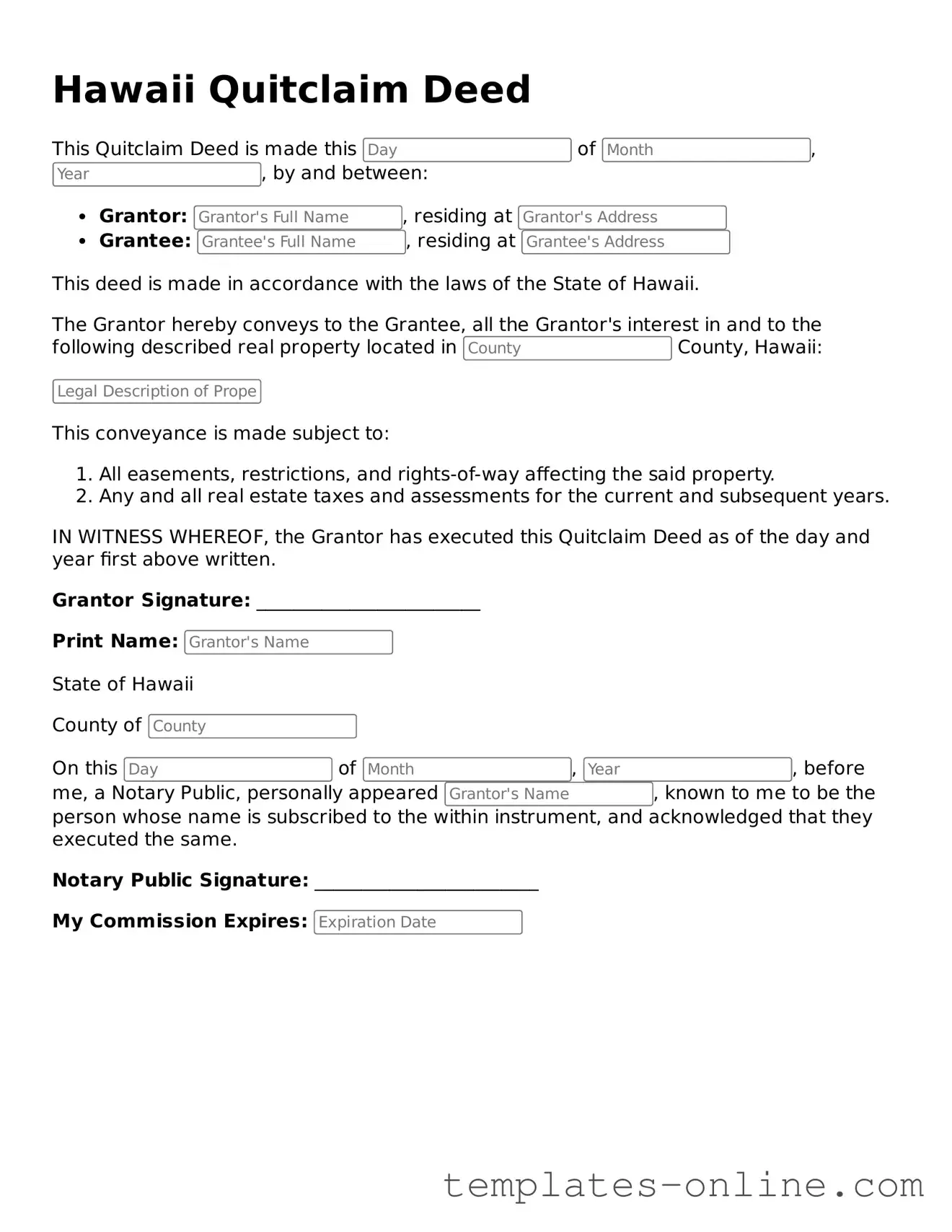 Valid  Quitclaim Deed Template for Hawaii