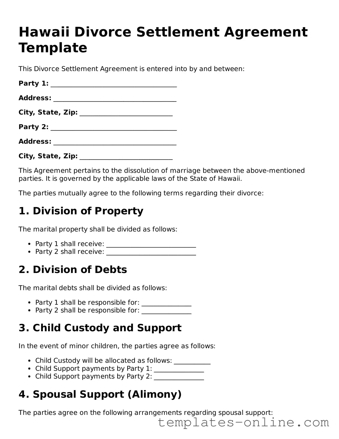 Valid  Divorce Settlement Agreement Template for Hawaii