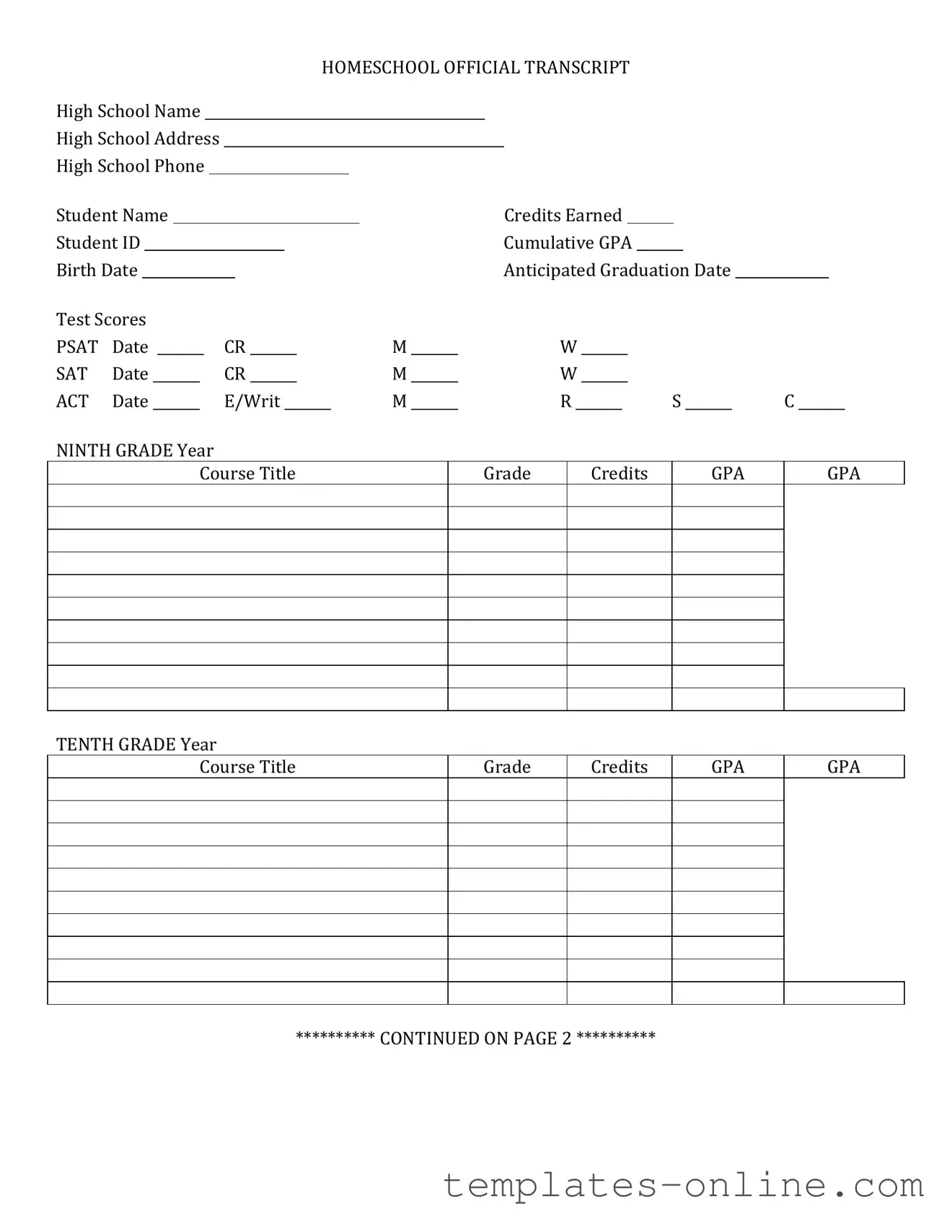 High School Transcript Template