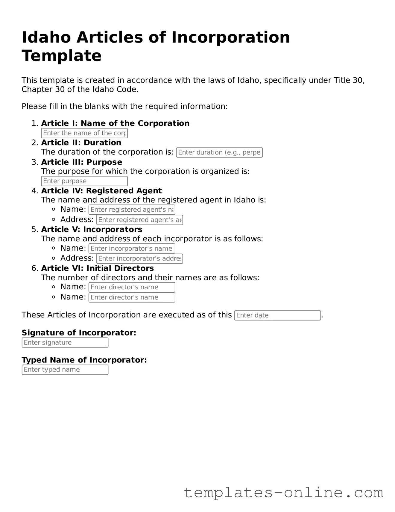 Valid  Articles of Incorporation Template for Idaho