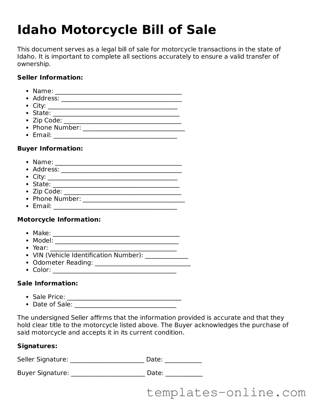 Valid  Motorcycle Bill of Sale Template for Idaho