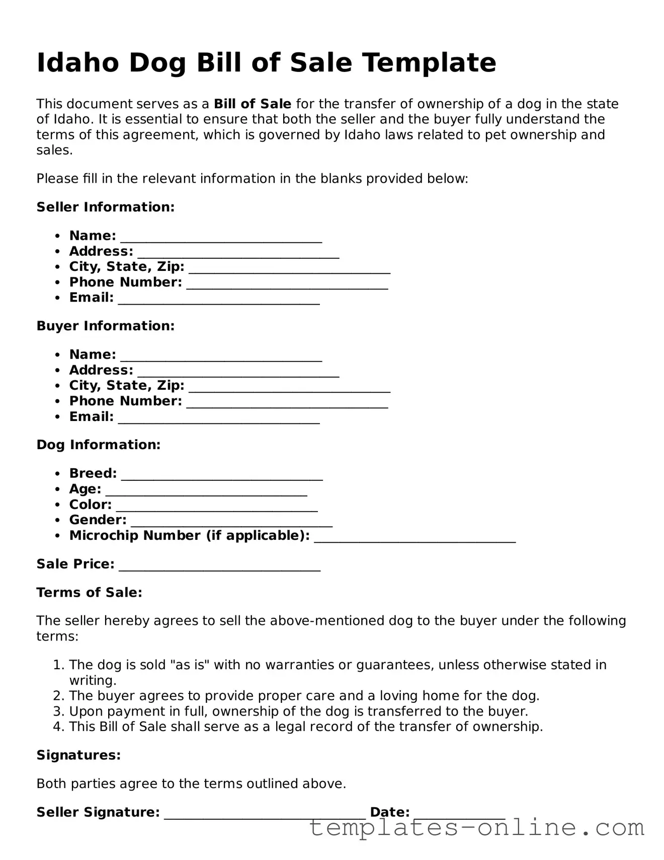 Valid  Dog Bill of Sale Template for Idaho