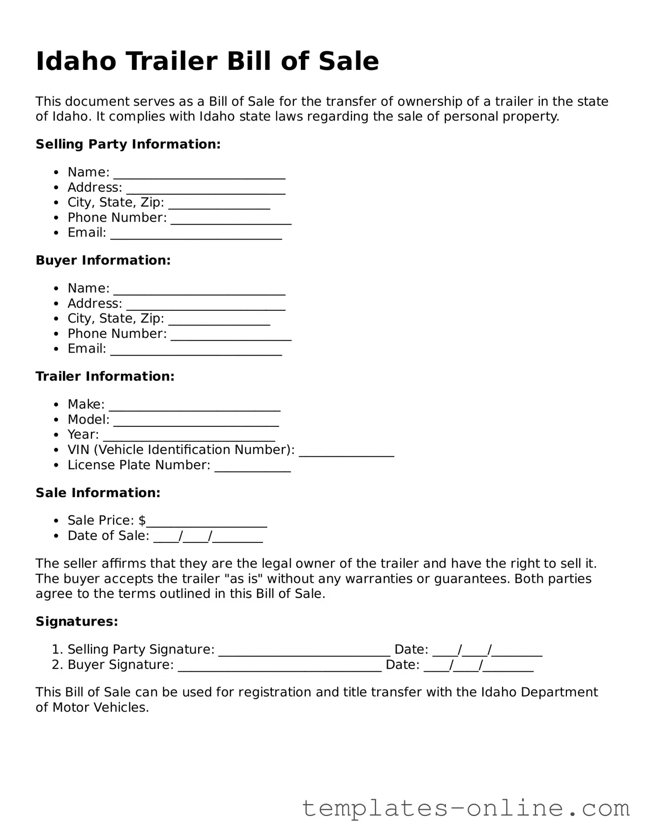 Valid  Trailer Bill of Sale Template for Idaho
