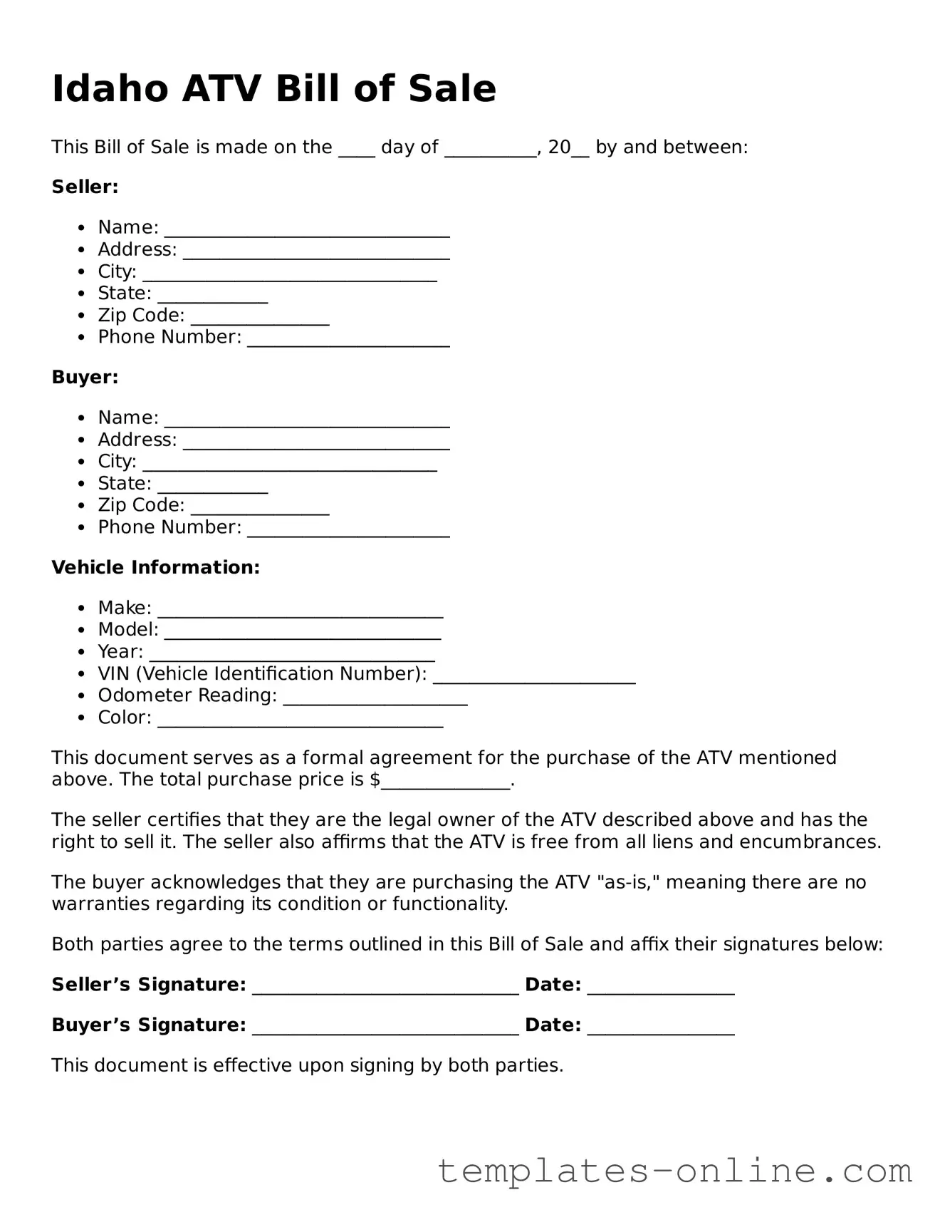 Valid  ATV Bill of Sale Template for Idaho