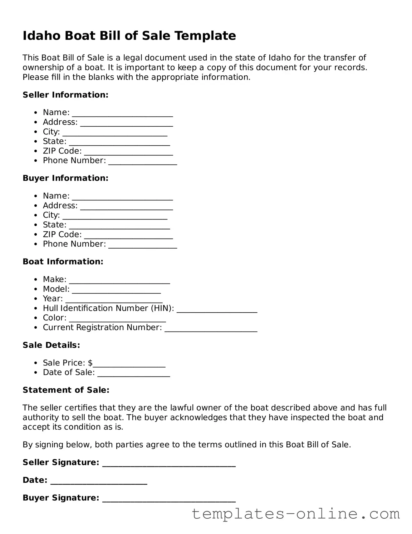Valid  Boat Bill of Sale Template for Idaho