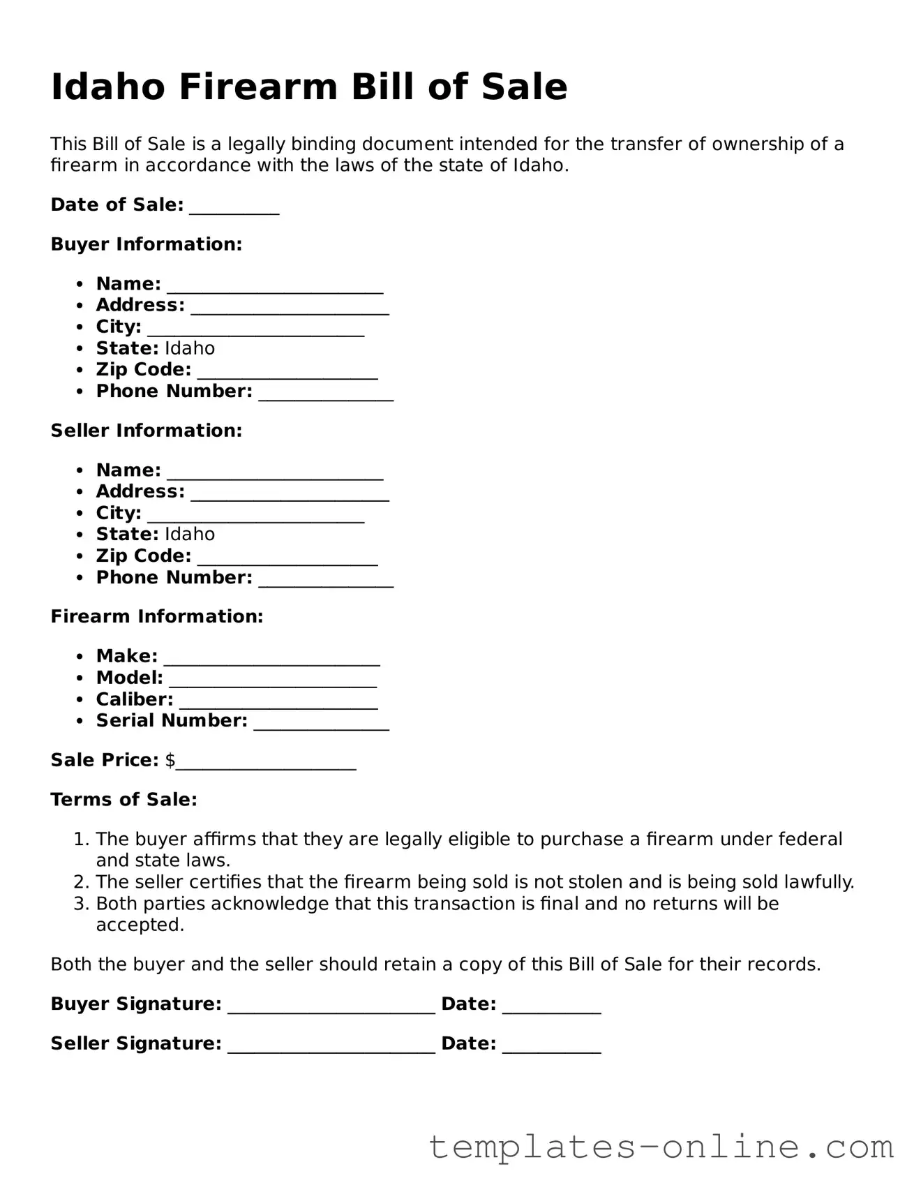Valid  Firearm Bill of Sale Template for Idaho