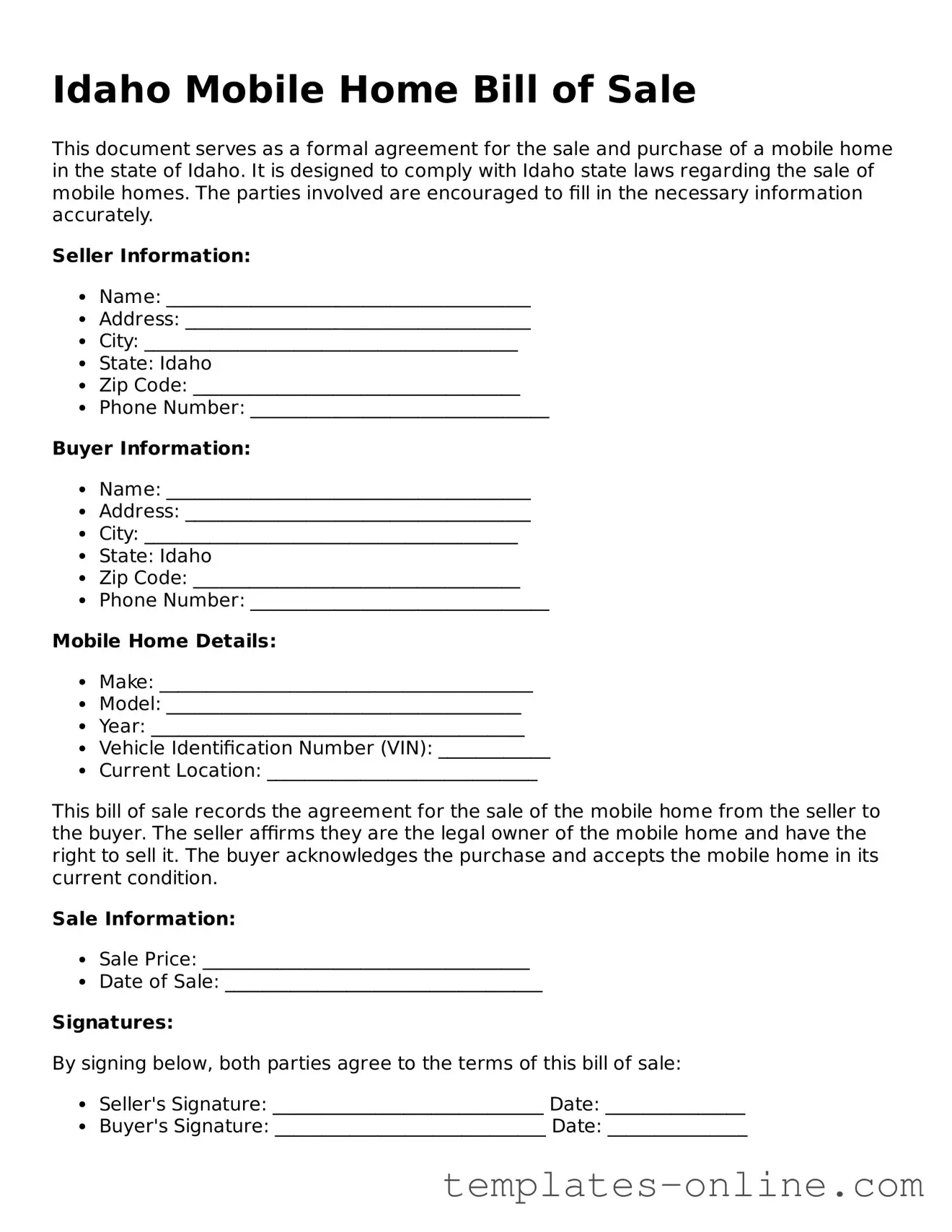 Valid  Mobile Home Bill of Sale Template for Idaho