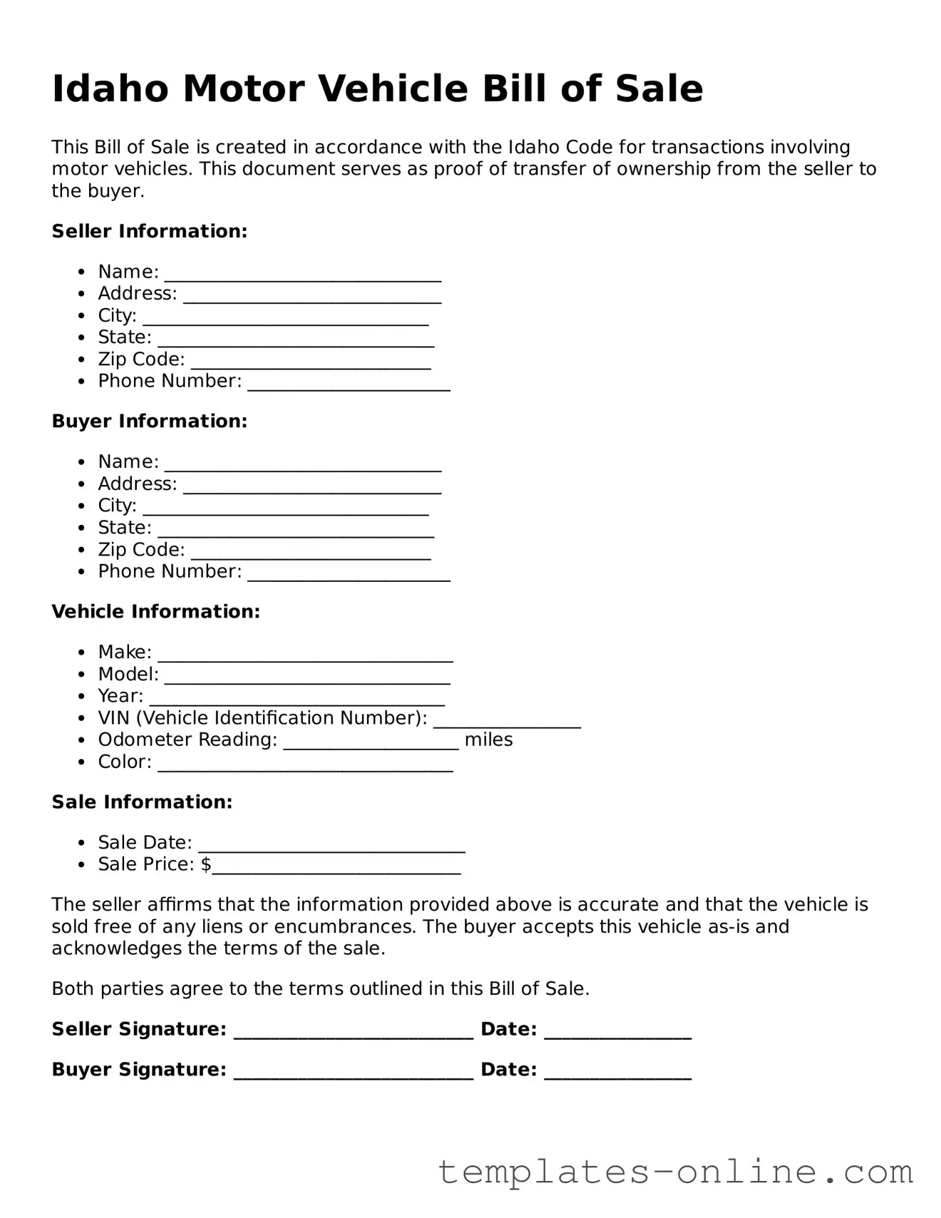 Valid  Motor Vehicle Bill of Sale Template for Idaho