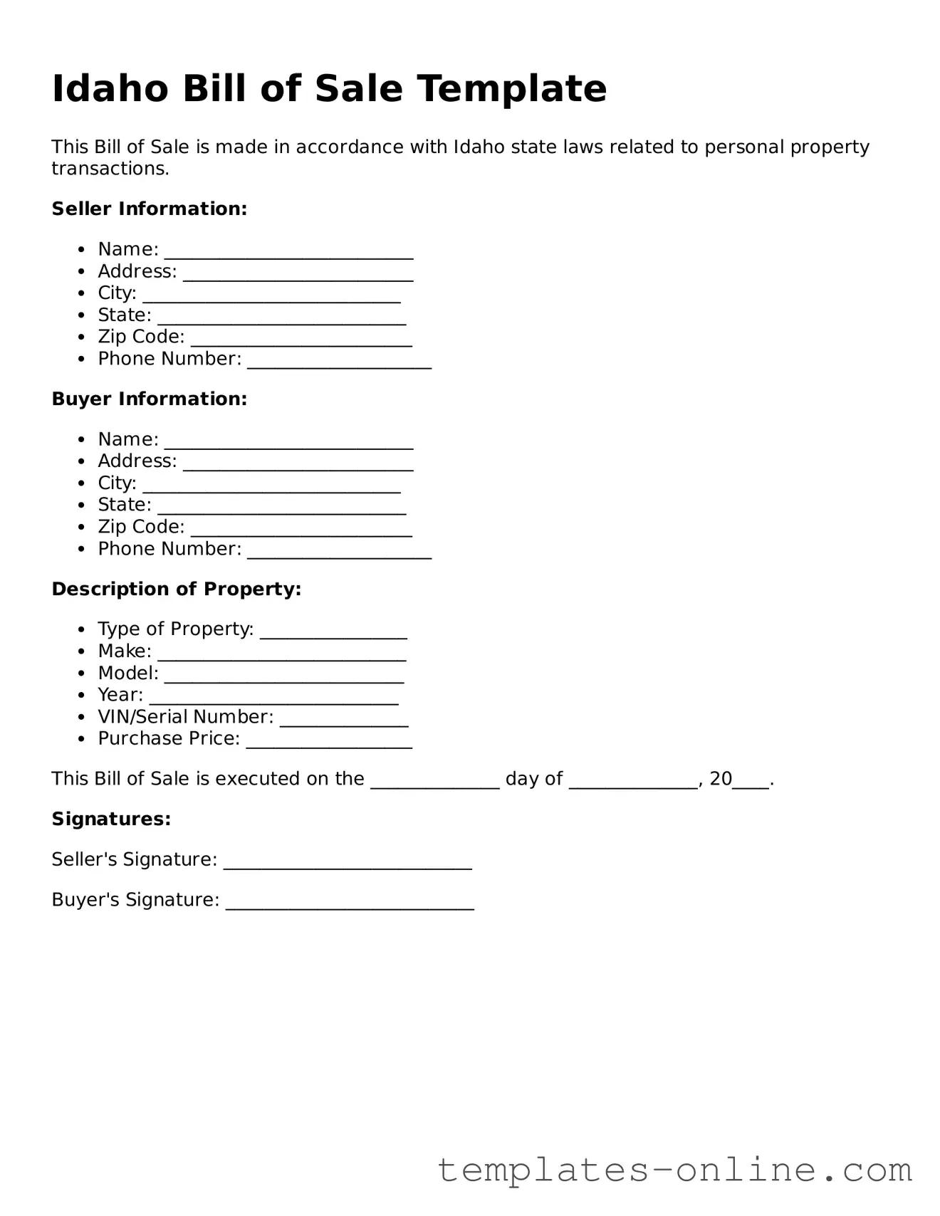 Valid  Bill of Sale Template for Idaho