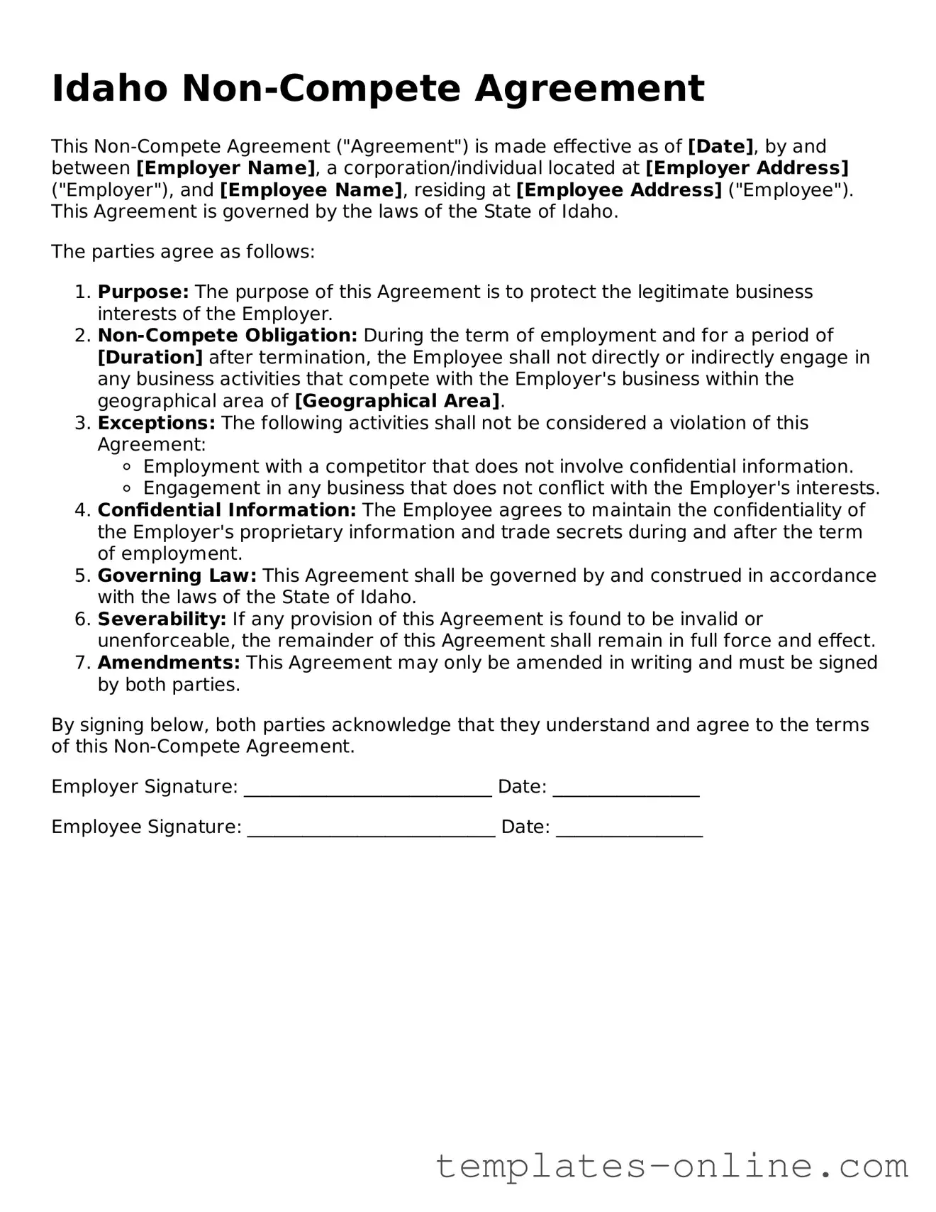 Valid  Non-compete Agreement Template for Idaho