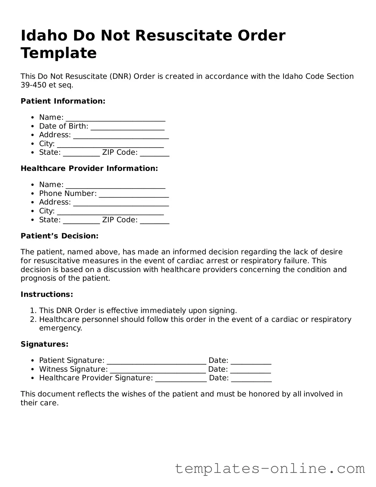Valid  Do Not Resuscitate Order Template for Idaho