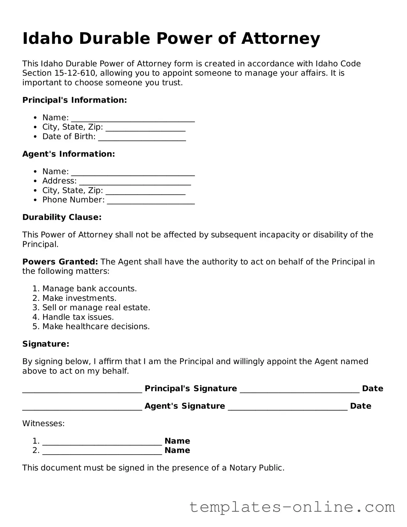 Valid  Durable Power of Attorney Template for Idaho