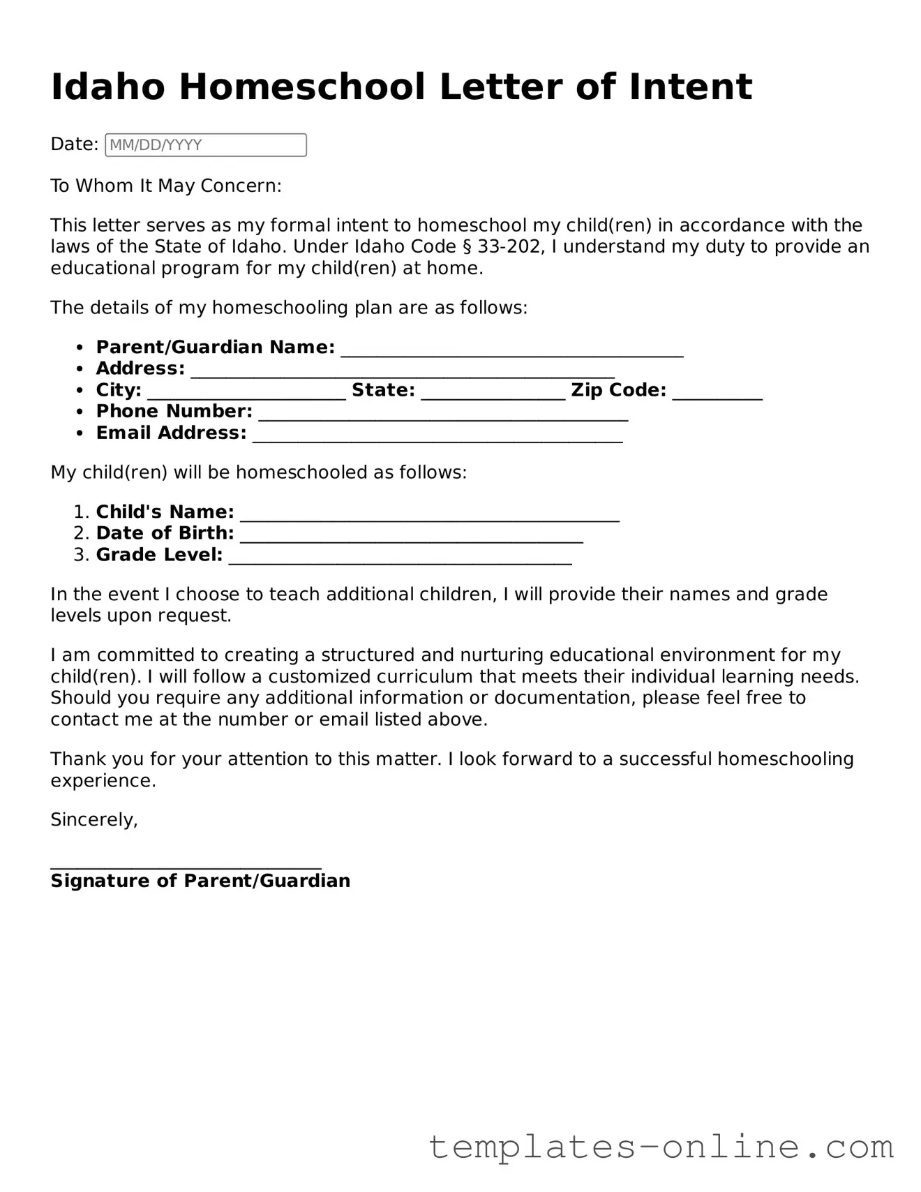 Valid  Homeschool Letter of Intent Template for Idaho