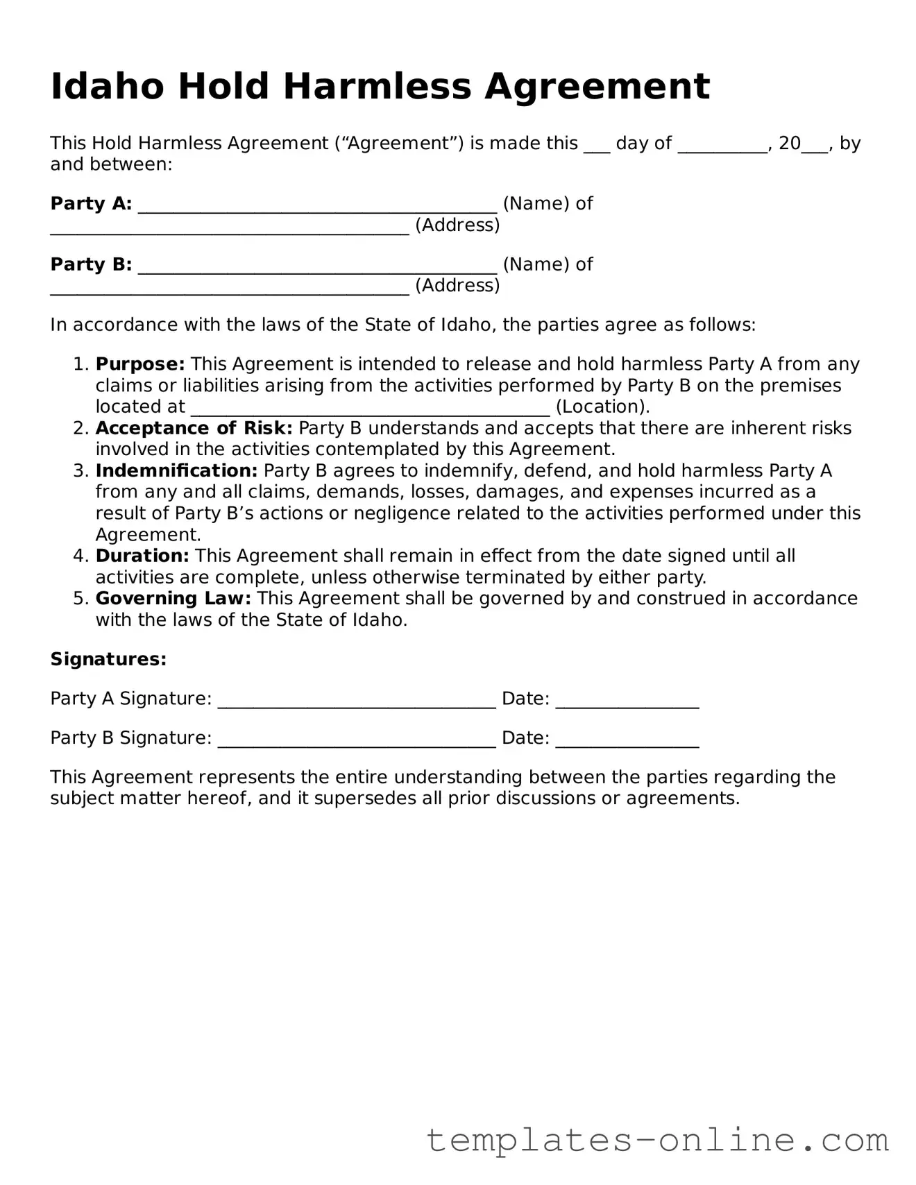 Valid  Hold Harmless Agreement Template for Idaho