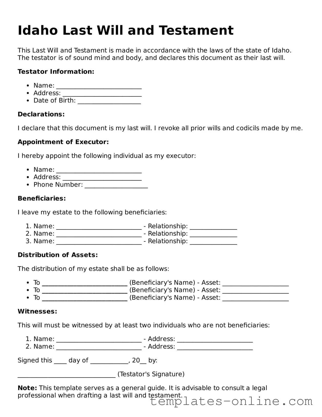 Valid  Last Will and Testament Template for Idaho
