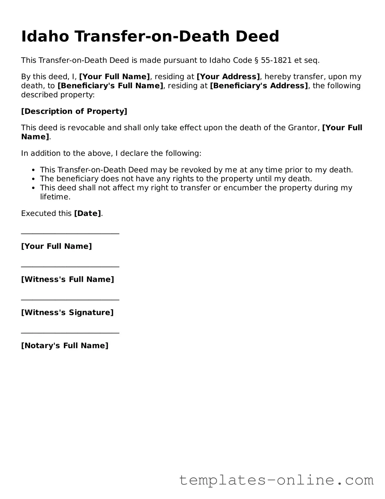Valid  Transfer-on-Death Deed Template for Idaho