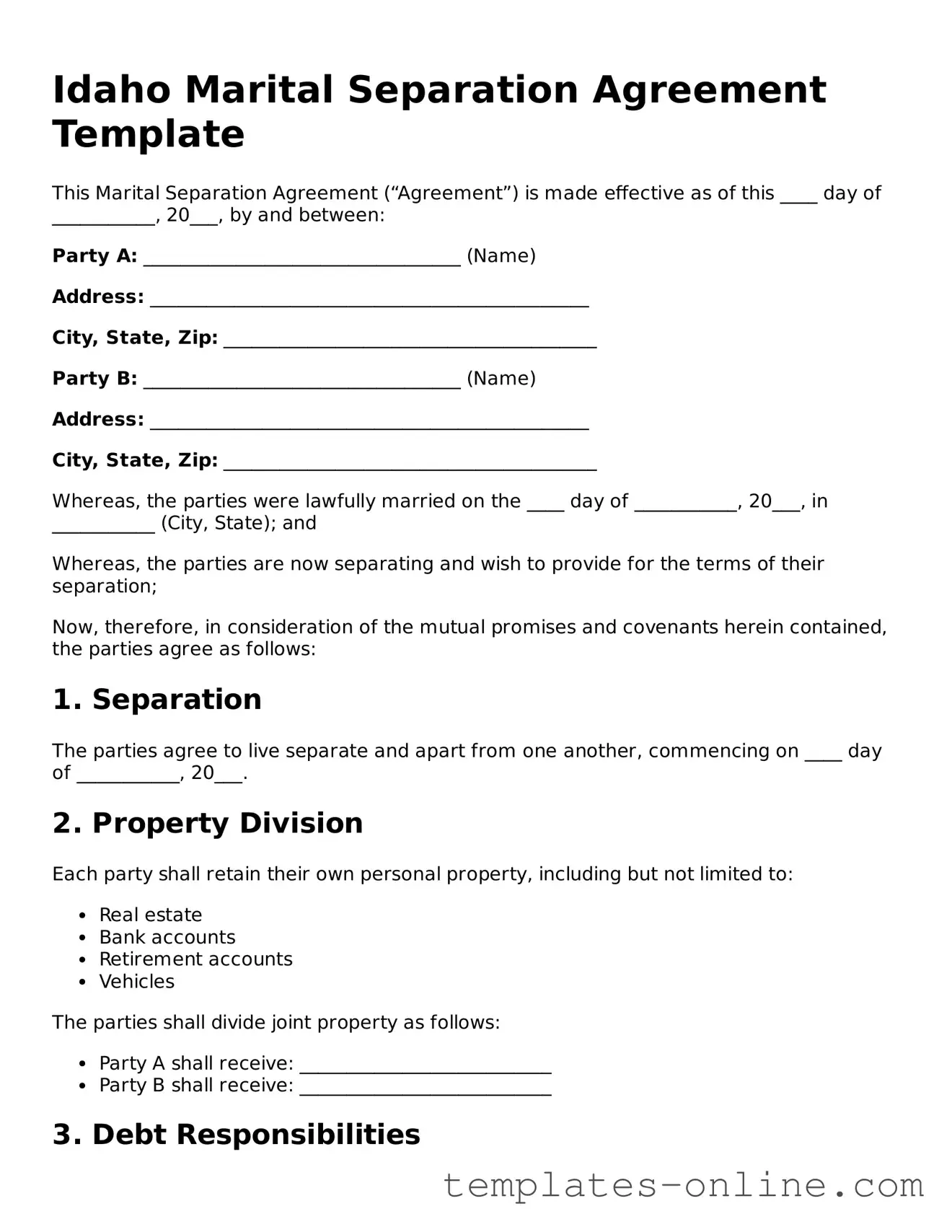 Valid  Marital Separation Agreement Template for Idaho