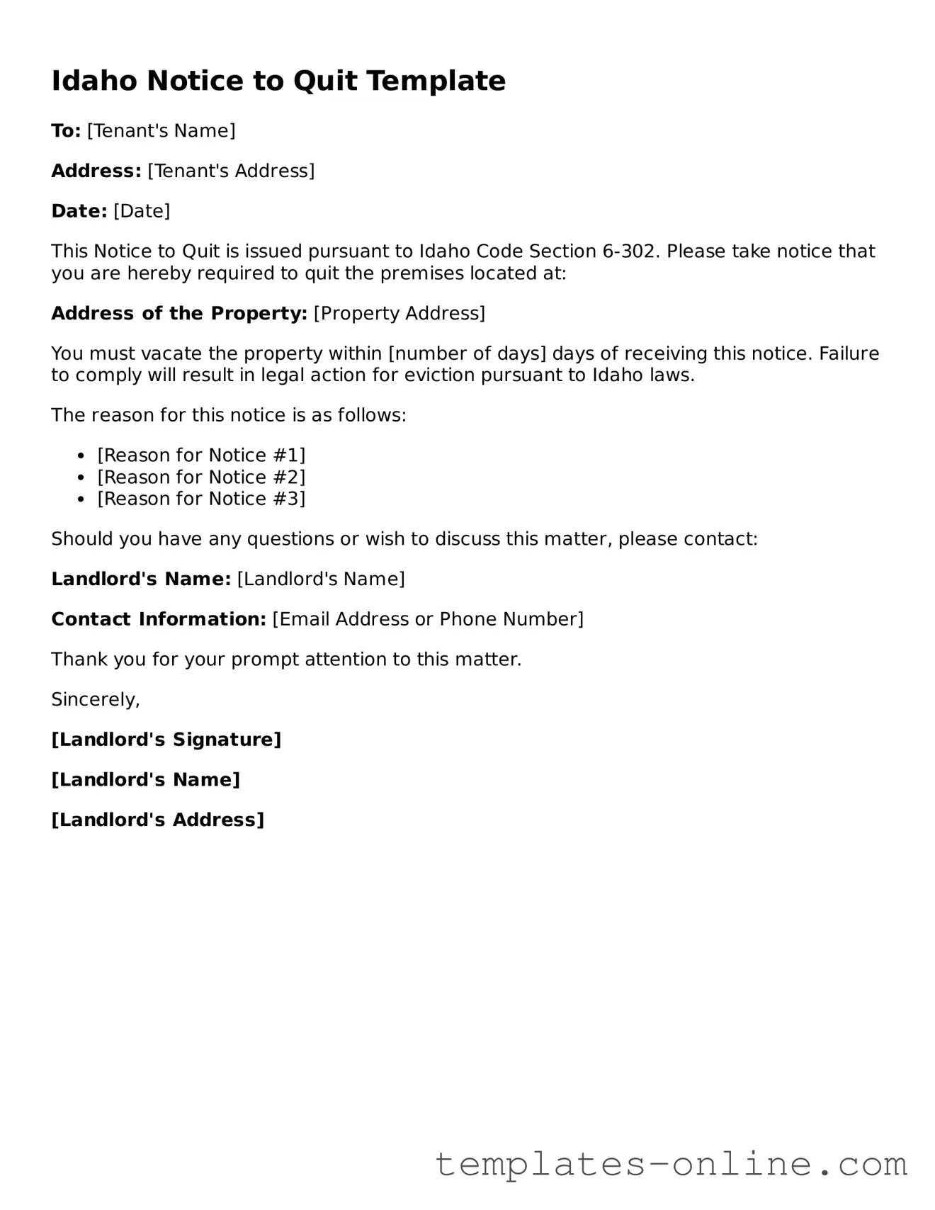 Valid  Notice to Quit Template for Idaho