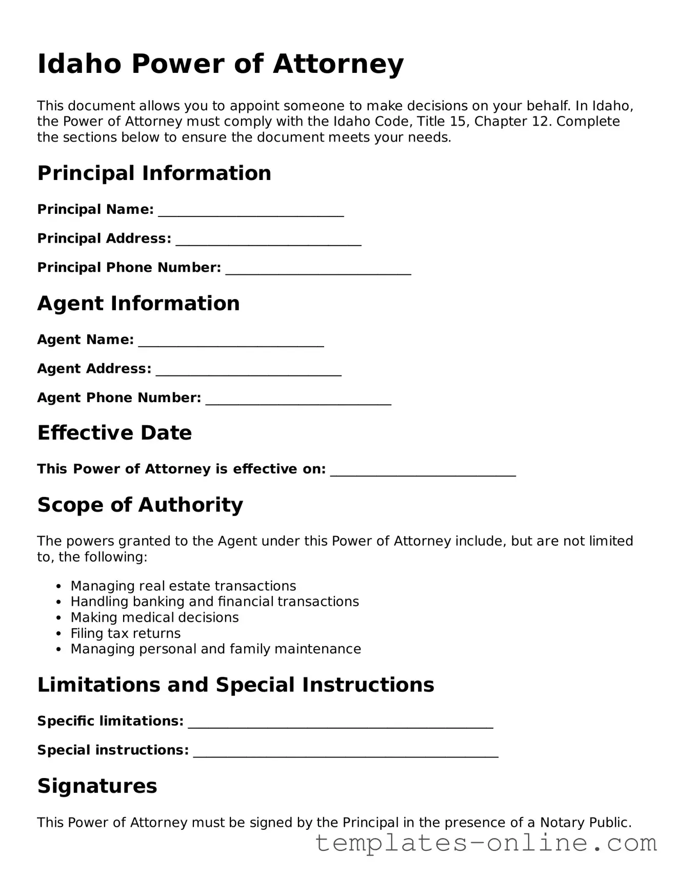 Valid  Power of Attorney Template for Idaho