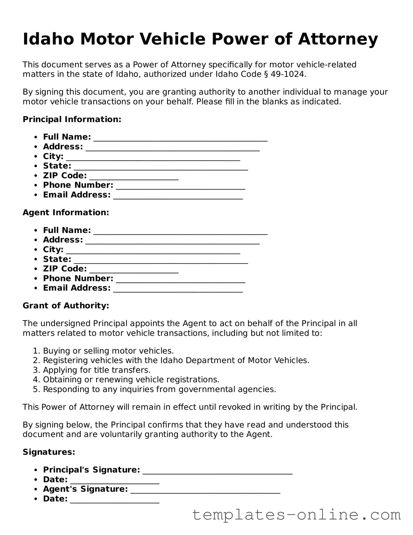 Valid  Motor Vehicle Power of Attorney Template for Idaho
