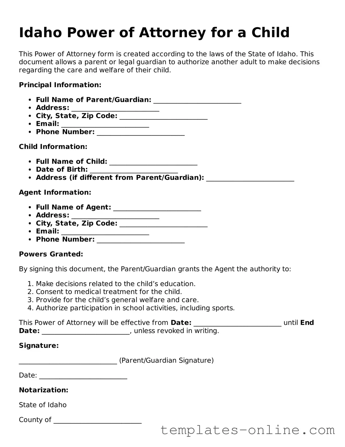 Valid  Power of Attorney for a Child Template for Idaho