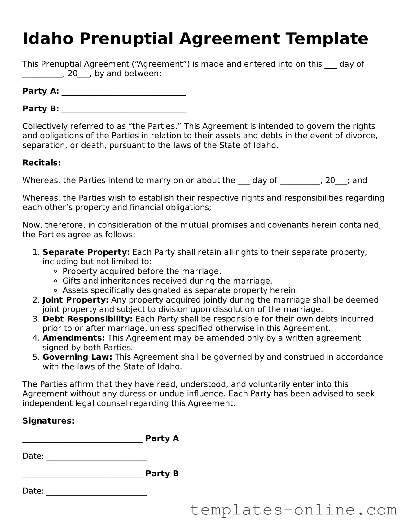 Valid  Prenuptial Agreement Template for Idaho