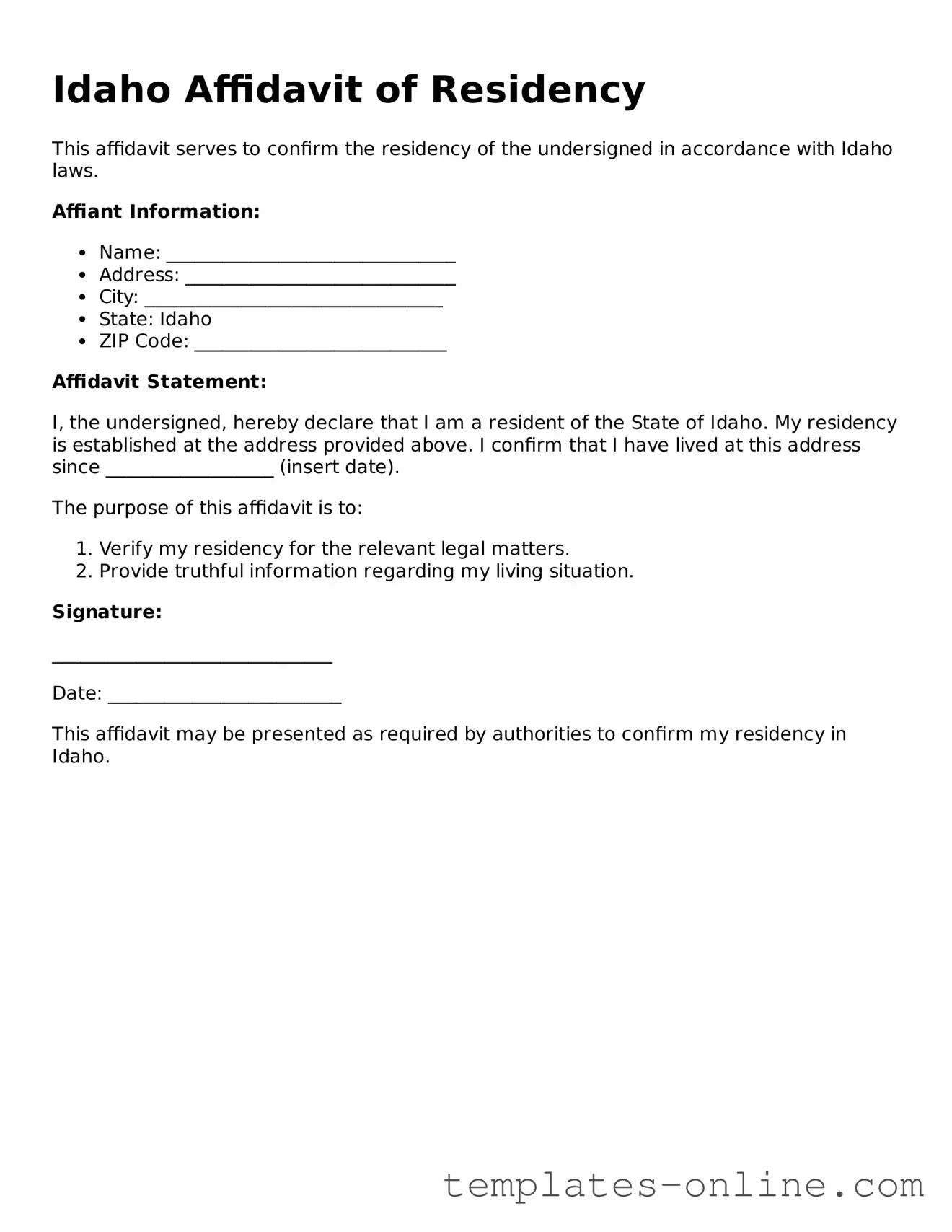 Valid  Affidavit of Residency Template for Idaho