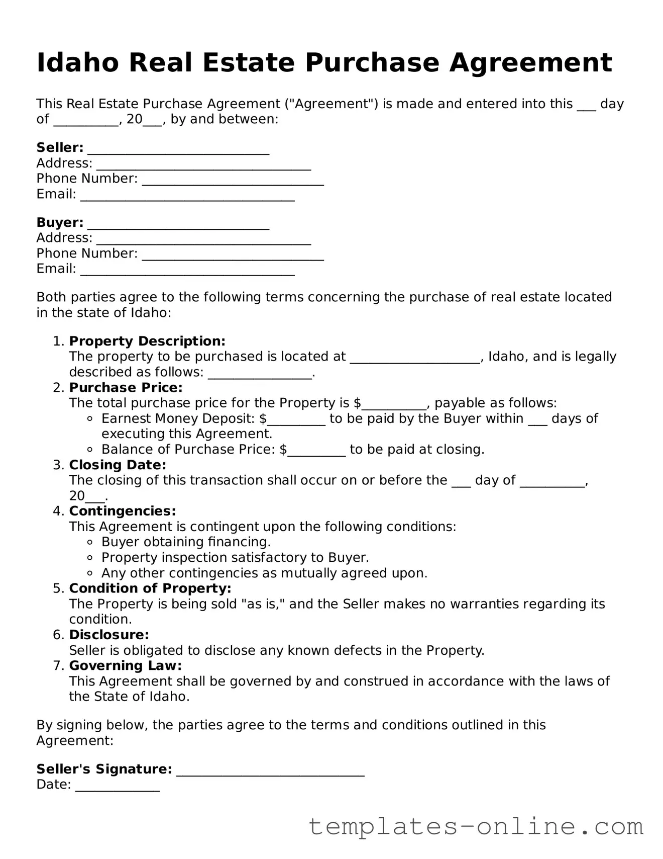 Valid  Real Estate Purchase Agreement Template for Idaho