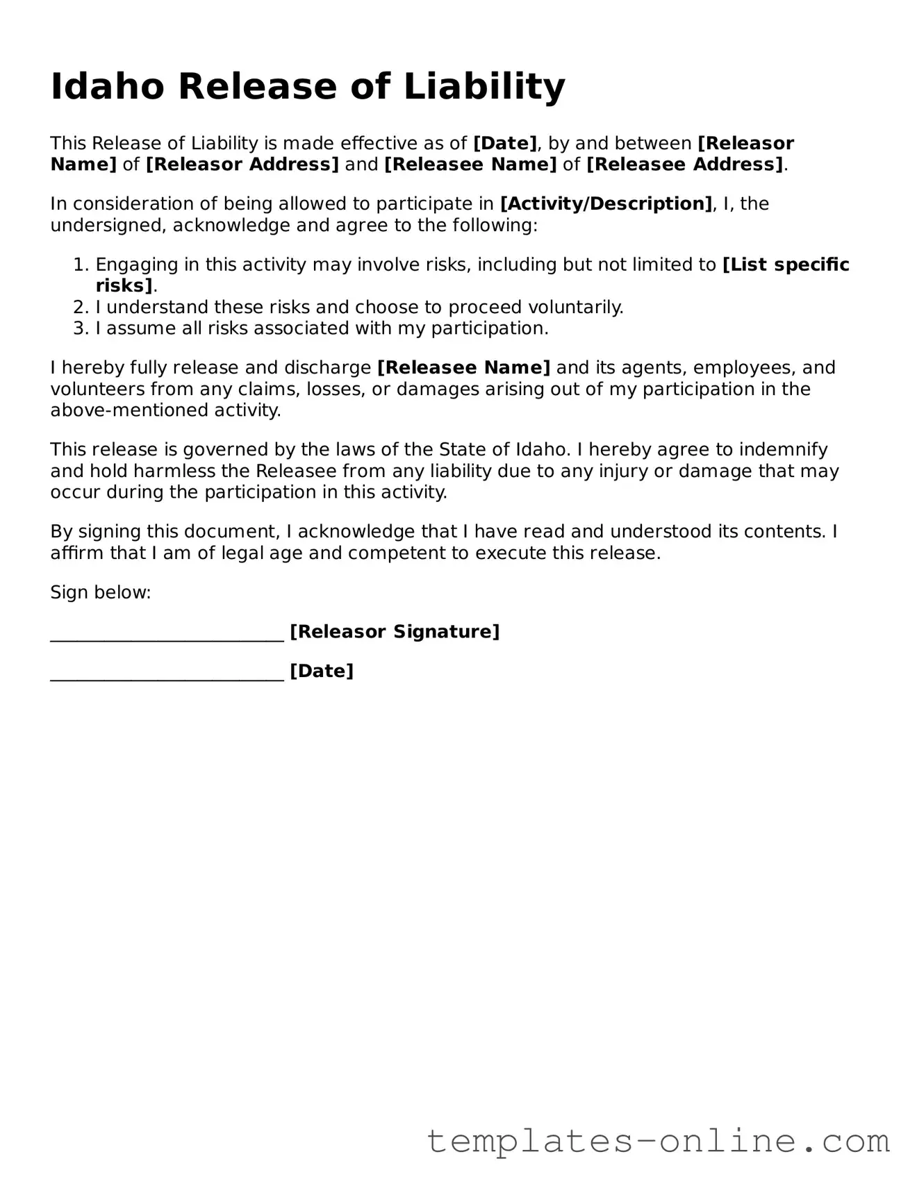 Valid  Release of Liability Template for Idaho