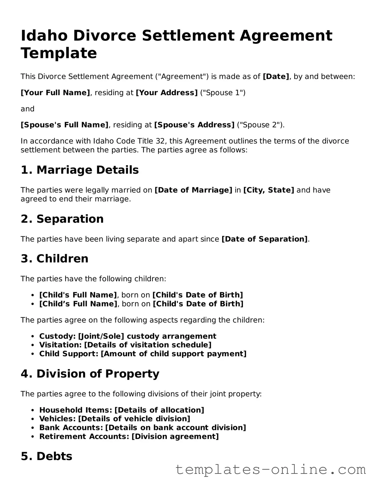 Valid  Divorce Settlement Agreement Template for Idaho